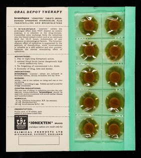 'Bronchipax' : 'ionexten' brand oral depot tablets (resin-bonded ephedrine) : each tablet provides day-long or night-long freedom from bronchospasm with a single dose / Clinical Products Ltd.