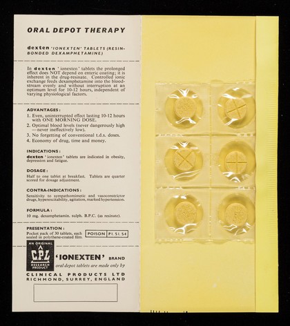 'Dexten' : 'ionexten' brand oral depot tablets (resin-bonded dexamphetamine) : one morning dose for day-long appetite control for day-long relief of depression or fatigue / Clinical Products Ltd.