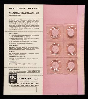 'Barbidex' : 'ionexten' brand oral depot tablets (resin-bonded dexamphetamine plus resin-bonded amylobarbitone) : one morning dose for day-long relief of anxiety & depression, for day-long appetite control / Clinical Products Ltd.