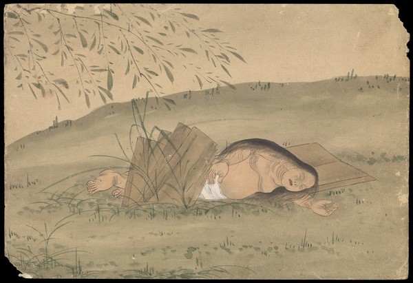 Kusōzu: the death of a noble lady and the decay of her body. Watercolours.