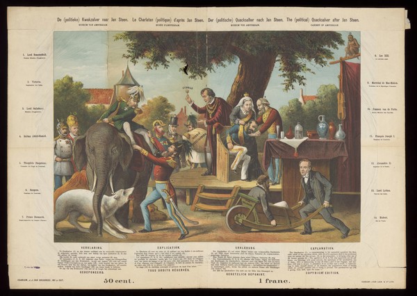 The Congress of Berlin: Disraeli as a tooth-drawer, assisted by Queen Victoria, operates on Sultan Abdul Hamid II of the Ottoman Empire, surrounded by political figures from France, Germany etc. Coloured lithograph by J.J. van Brederode after Jan Steen, 1878.