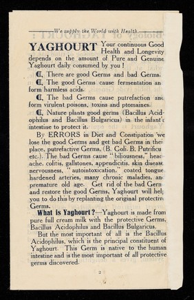 The Boudja Manoli Yaghourt Co. (1911) : as supplied to hospitals and nursing homes : sole makers of the genuine yaghourt preparations for life prolonging : 22, Great Chapel Street, (corner of 101-103 Oxford St.) Oxford Street, W.1., London / Boudja Manoli Yaghourt Co. (1911).