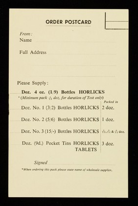 Order postcard ... : please supply ... bottles Horlicks ... / Horlicks Limited.