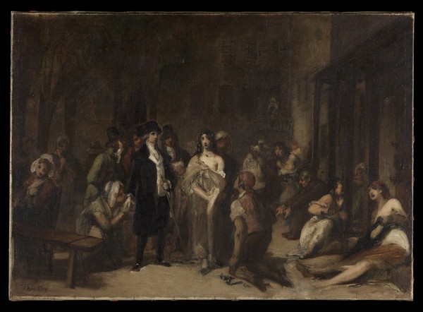 Salpêtrière hospital, Paris: Philippe Pinel freeing the insane from their chains. Oil painting by T. Robert-Fleury, ca. 1876.