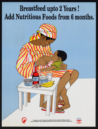 A mother breast feeds her toddler standing up beside a table with nutritious foods: breastfeeding in Nigeria. Colour lithograph by Wellstart International and Johns Hopkins University/Population Communication Services, ca. 1994.