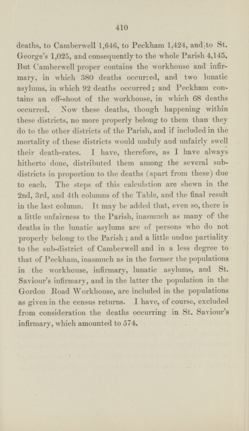 deaths, to Camberwell 1,646, to Peckham 1,424, and to St. George's 1,025, and consequently to the whole Parish 4,145. But Camberwell proper contains the workhouse and infirmary, in which 380 deaths occurred, and two lunatic asylums, in which 92 deaths occurred; and Peckham contains an off-shoot of the workhouse, in which 68 deaths occurred. Now these deaths, though happening within these districts, no more properly belong to them than they do to the other districts of the Parish, and if included in the mortality of these districts would unduly and unfairly swell their death-rates. I have, therefore, as I have always hitherto done, distributed them among the several sub districts in proportion to the deaths (apart from these) due to each. The steps of this calculation are shewn in the 2nd, 3rd, and 4th columns of the Table, and the final result in the last column. It may be added that, even so, there is a little unfairness to the Parish, inasmuch as many of the deaths in the lunatic asylums are of persons who do not properly belong to the Parish; and a little undue partiality to the sub-district of Camberwell and in a less degree to that of Peckham, inasmuch as in the former the populations in the workhouse, infirmary, lunatic asylums, and St. Saviour's infirmary, and in the latter the population in the Gordon Road Workhouse, are included in the populations as given in the census returns. I have, of course, excluded from consideration the deaths occurring in St. Saviour's infirmary, which amounted to 574.