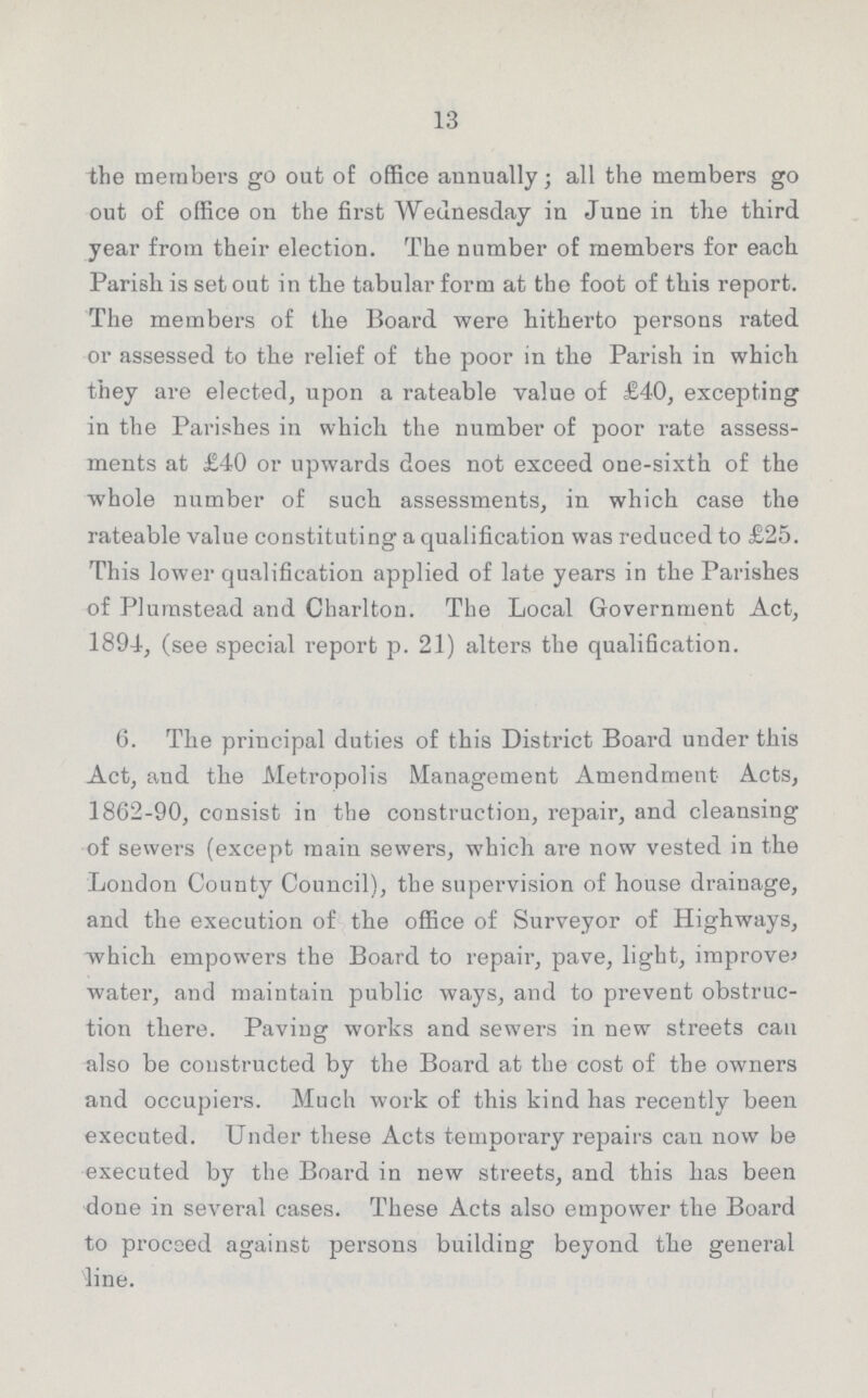 13 the members go out of office annually; all the members go out of office on the first Wednesday in June in the third year from their election. The number of members for each Parish is set out in the tabular form at the foot of this report. The members of the Board were hitherto persons rated or assessed to the relief of the poor in the Parish in which they are elected, upon a rateable value of £40, excepting in the Parishes in which the number of poor rate assess ments at £40 or upwards does not exceed one-sixth of the whole number of such assessments, in which case the rateable value constituting a qualification was reduced to £25. This lower qualification applied of late years in the Parishes of Plumstead and Charlton. The Local Government Act, 1894, (see special report p. 21) alters the qualification. 6. The principal duties of this District Board under this Act, and the Metropolis Management Amendment Acts, 1862-90, consist in the construction, repair, and cleansing of sewers (except main sewers, which are now vested in the London County Council), the supervision of house drainage, and the execution of the office of Surveyor of Highways, which empowers the Board to repair, pave, light, improve* water, and maintain public ways, and to prevent obstruc tion there. Paving works and sewers in new streets can also be constructed by the Board at the cost of the owners and occupiers. Much work of this kind has recently been executed. Under these Acts temporary repairs can now be executed by the Board in new streets, and this has been done in several cases. These Acts also empower the Board to proceed against persons building beyond the general line.