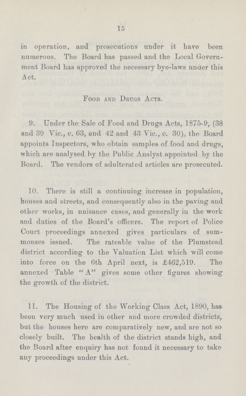 15 in operation, and prosecutions under it have been numerous. The Board has passed and the Local Govern ment Board has approved the necessary bye-laws under this Act. Food and Drugs Acts. 9. Under the Sale of Food and Drugs Acts, 1875-9, (38 and 39 Vie., c. 63, and 42 and 43 Vic., c. 30), the Board appoints Inspectors, who obtain samples of food and drugs, which are analysed by the Public Analyst appointed by the Board. The vendors of adulterated articles are prosecuted. 10. There is still a continuing increase in population, houses and streets, and consequently also in the paving and other works, in nuisance cases, and generally in the work and duties of the Board's officers. The report of Police Court proceedings annexed gives particulars of sum monses issued. The rateable value of the Plumstead district according to the Valuation List which will come into force on the 6th April next, is £462,519. The annexed Table A gives some other figures showing the growth of the district. 11. The Housing of the Working Class Act, 1890, has been very much used in other and more crowded districts, but the houses hero are comparatively new, and are not so closely built. The health of the district stands high, and the Board after enquiry has not found it necessary to take any proceedings under this Act.