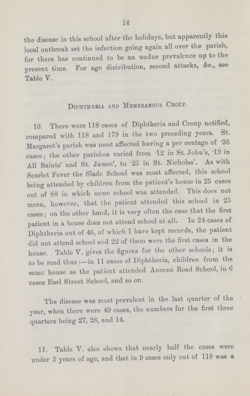 14 the disease in this school after the holidays, but apparently this local outbreak set the infection going again all over the parish, for there has continued to be an undue prevalence up to the present time. For age distribution, second attacks, &c., see Table V. Diphtheria and Membranous Croup. 10. There were 118 cases of Diphtheria and Croup notified, compared with 118 and 179 in the two preceding years. St. Margaret's parish was most affected having a per centage of '36 cases; the other parishes varied from 12 in St. John's, T9 in All Saints' and St. James', to 25 in St. Nicholas'. As with Scarlet Fever the Slade School was most affected, this school being attended by children from the patient's house in 25 cases out of 88 in which some school was attended. This does not mean, however, that the patient attended this school in 25 cases ; on the other hand, it is very often the case that the first patient in a house does not attend school at all. In 24 cases of Diphtheria out of 46, of which I have kept records, the patient did not attend school and 22 of them were the first cases in the house. Table V. gives the figures for the other schools; it is to be read thus:— in 11 cases of Diphtheria, children from the same house as the patient attended Ancona Road School, in 6 cases Earl Street School, and so on. The disease was most prevalent in the last quarter of the year, when there were 49 cases, the numbers for the first three quarters being 27, 28, and 14. 11. Table V. also shews that nearly half the cases were under 5 years of age, and that in 9 cases only out of 118 was a