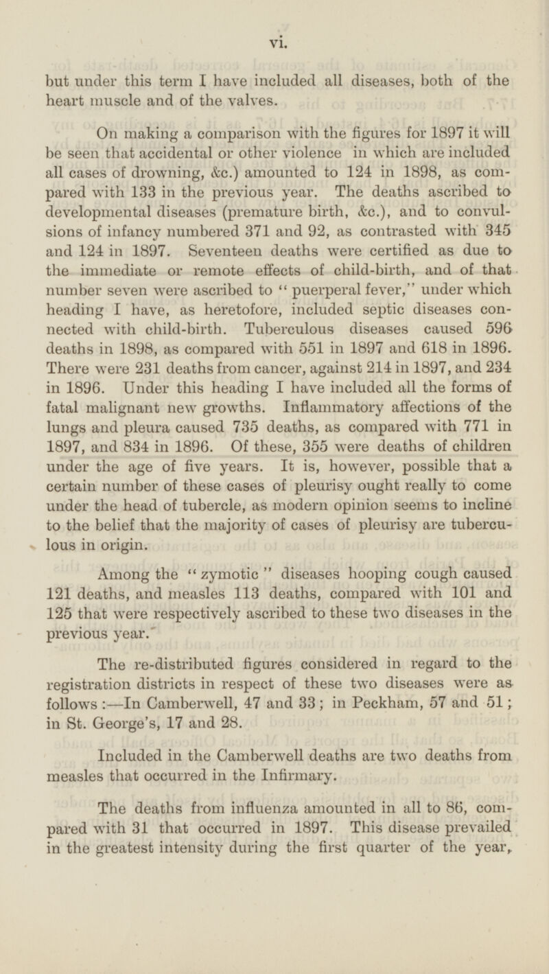 but under this term I have included all diseases, both of the heart muscle and of the valves. On making a comparison with the figures for 1897 it will be seen that accidental or other violence in which are included all cases of drowning, &c.) amounted to 124 in 1898, as compared with 133 in the previous year. The deaths ascribed to developmental diseases (premature birth, &c.), and to convulsions of infancy numbered 371 and 92, as contrasted with 345 and 124 in 1897. Seventeen deaths were certified as due to the immediate or remote effects of child-birth, and of that number seven were ascribed to puerperal fever, under which heading I have, as heretofore, included septic diseases connected with child-birth. Tuberculous diseases caused 596 deaths in 1898, as compared with 551 in 1897 and 618 in 1896. There were 231 deaths from cancer, against 214 in 1897, and 234 in 1896. Under this heading I have included all the forms of fatal malignant new growths. Inflammatory affections of the lungs and pleura caused 735 deaths, as compared with 771 in 1897, and 834 in 1896. Of these, 355 were deaths of children under the age of five years. It is, however, possible that a certain number of these cases of pleurisy ought really to come under the head of tubercle, as modern opinion seems to incline to the belief that the majority of cases of pleurisy are tuberculous in origin. Among the zymotic diseases hooping cough caused 121 deaths, and measles 113 deaths, compared with 101 and 125 that were respectively ascribed to these two diseases in the previous year. The re-distributed figures considered in regard to the registration districts in respect of these two diseases were as follows:- In Camberwell, 47 and 33;in Peckham, 57 and 51; in St. George's, 17 and 28. Included in the Camberwell deaths are two deaths from measles that occurred in the Infirmary. The deaths from influenza amounted in all to 86, compared with 31 that occurred in 1897. This disease prevailed in the greatest intensity during the first quarter of the year, vi.