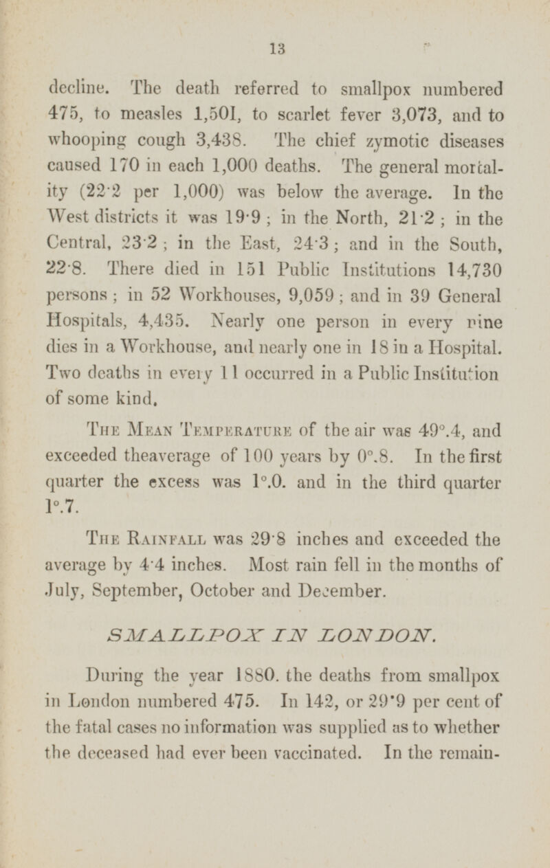 decline. The death referred to smallpox numbered 475, to measles 1,501, to scarlet fever 3,073, and to whooping cough 3,438. The chief zymotic diseases caused 170 in each 1,000 deaths. The general mortality (22.2 per 1,000) was below the average. In the West districts it was 19.9; in the North, 21.2 ; in the Central, 23.2 ; in the East, 24.3 ; and in the South, 22.8. There died in 151 Public Institutions 14,730 persons; in 52 Workhouses, 9,059; and in 39 General Hospitals, 4,435. Nearly one person in every nine dies in a Workhouse, and nearly one in 18 in a Hospital. Two deaths in every 11 occurred in a Public Institution of some kind. The Mean Temperature of the air was 49°.4, and exceeded theaverage of 100 years by o°.8. In the first quarter the excess was 1º.o. and in the third quarter 1°.7. The Rainfall was 29.8 inches and exceeded the average by 4.4 inches. Most rain fell in the months of July, September, October and December. SMALLPOX IN LONDON. During the year 1880. the deaths from smallpox in London numbered 4.75. In 142, or 29.9 per cent of the fatal cases no information was supplied as to whether the deceased had ever been vaccinated. In the remain-
