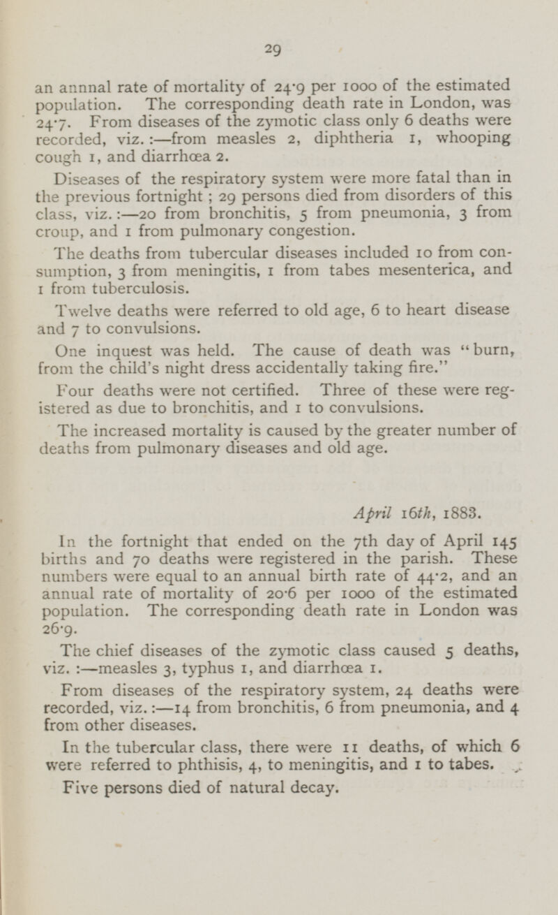 an annnal rate of mortality of 24.9 per 1000 of the estimated population. The corresponding death rate in London, was 24.7. From diseases of the zymotic class only 6 deaths were recorded, viz.:—from measles 2, diphtheria 1, whooping cough 1, and diarrhœa 2. Diseases of the respiratory system were more fatal than in the previous fortnight; 29 persons died from disorders of this class, viz.:—20 from bronchitis, 5 from pneumonia, 3 from croup, and 1 from pulmonary congestion. The deaths from tubercular diseases included 10 from consumption, 3 from meningitis, 1 from tabes mesenterica, and 1 from tuberculosis. Twelve deaths were referred to old age, 6 to heart disease and 7 to convulsions. One inquest was held. The cause of death was burn, from the child's night dress accidentally taking fire. Four deaths were not certified. Three of these were registered as due to bronchitis, and 1 to convulsions. The increased mortality is caused by the greater number of deaths from pulmonary diseases and old age. April 16th, 1883. In the fortnight that ended on the 7th day of April 145 births and 70 deaths were registered in the parish. These numbers were equal to an annual birth rate of 44.2, and an annual rate of mortality of 20.6 per 1000 of trie estimated population. The corresponding death rate in London was 26.9. The chief diseases of the zymotic class caused 5 deaths, viz.:—measles 3, typhus 1, and diarrhœa 1. From diseases of the respiratory system, 24 deaths were recorded, viz.:— 14 from bronchitis, 6 from pneumonia, and 4 from other diseases. In the tubercular class, there were 11 deaths, of which 6 were referred to phthisis, 4, to meningitis, and 1 to tabes. Five persons died of natural decay.