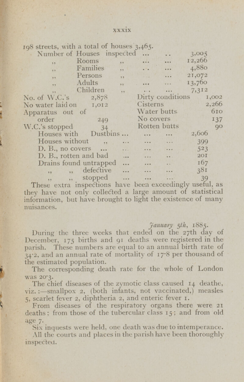 198 streets, with a total of houses 3,465. Number of Houses inspected 3,005 „ Rooms „ 12,266 „ Families „ 4,880 „ Persons „ 21,072 „ Adults „ 13,760 „ Children „ 7,3 12 No. of W.C.'s 2,878 Dirty conditions 1,002 No water laid on 1,012 Cisterns 2,266 Apparatus out of order 249 Water butts 610 No covers 137 W.C.'s stopped 34 Rotten butts 90 Houses with Dustbins 2,606 Houses without 399 D. B., no covers 5 2 3 D. B., rotten and bad 201 Drains found untrapped 167 „ „ defective 381 „ „ stopped 39 These extra inspections have been exceedingly useful, as they have not only collected a large amount of statistical information, but have brought to light the existence of many nuisances. January 5th, 1885. During the three weeks that ended on the 27th day of December, 175 births and 91 deaths were registered in the parish. These numbers are equal to an annual birth rate of 34.2, and an annual rate of mortality of 17.8 per thousand of the estimated population. The corresponding death rate for the whole of London was 20.3. The chief diseases of the zymotic class caused 14 deathe, viz.:—smallpox 2, (both infants, not vaccinated,) measles 5, scarlet fever 2, diphtheria 2, and enteric fever 1. From diseases of the respiratory organs there were 21 deaths; from those of the tubercular class 15; and from old a g e 7. Six inquests were held, one death was due to intemperance. All the courts and places in the parish have been thoroughly inspected.