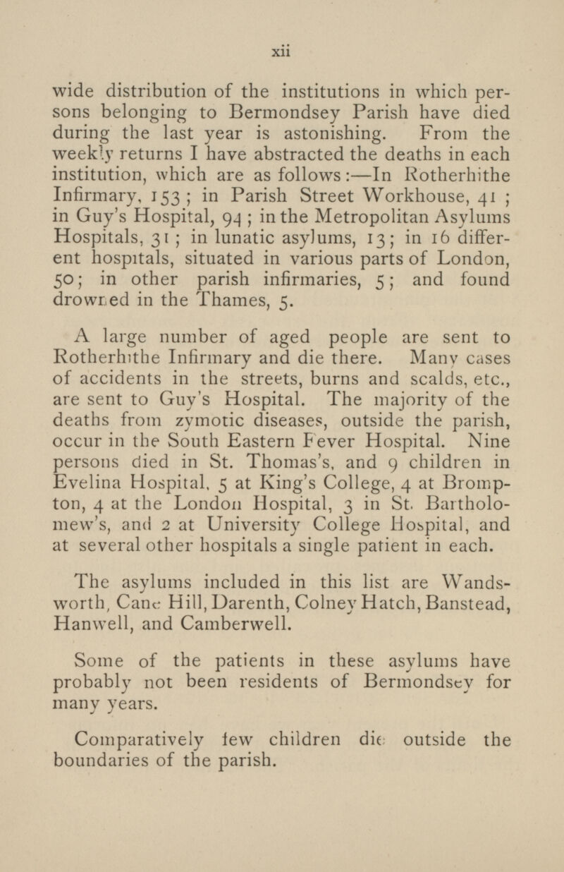 wide distribution of the institutions in which persons belonging to Bermondsey Parish have died during the last year is astonishing. From the weekly returns I have abstracted the deaths in each institution, which are as follows: —In Rotherhithe Infirmary, 153; in Parish Street Workhouse, 41; in Guy's Hospital, 94; in the Metropolitan Asylums Hospitals, 31; in lunatic asylums, 13; in 16 different hospitals, situated in various parts of London, 50; in other parish infirmaries, 5; and found drowned in the Thames, 5. A large number of aged people are sent to Rotherhithe Infirmary and die there. Many cases of accidents in the streets, burns and scalds, etc., are sent to Guy's Hospital. The majority of the deaths from zymotic diseases, outside the parish, occur in the South Eastern Fever Hospital. Nine persons died in St. Thomas's, and 9 children in Evelina Hospital, 5 at King's College, 4 at Brompton, 4 at the London Hospital, 3 in St. Bartholomew's, and 2 at University College Hospital, and at several other hospitals a single patient in each. The asylums included in this list are Wandsworth, Cane Hill, Darenth, Colney Hatch, Banstead, Hanwell, and Camberwell. Some of the patients in these asylums have probably not been residents of Bermondsey for many years. Comparatively few children die outside the boundaries of the parish. xii