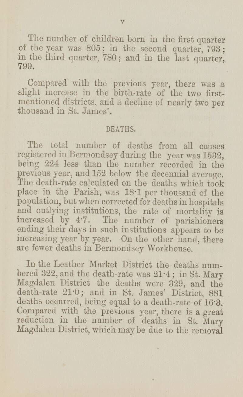 The number of children born in the first quarter of the year was 805; in the second quarter, 793; in the third quarter, 780; and in the last quarter, 799. Compared with the previous year, there was a slight increase in the birth-rate of the two firstmentioned districts, and a decline of nearly two per thousand in St. James'. DEATHS. The total number of deaths from all causes registered in Bermondsey during the year was 1532, being 224 less than the number recorded in the previous year, and 152 below the decennial average. The death-rate calculated on the deaths which took place in the Parish, was 18.1 per thousand of the population, but when corrected for deaths in hospitals and outlying institutions, the rate of mortality is increased by 4.7. The number of parishioners ending their days in such institutions appears to be increasing year by year. On the other hand, there are fewer deaths in Bermondsey Workhouse. In the Leather Market District the deaths numbered 322, and the death-rate was 21.4; in St. Mary Magdalen District the deaths were 329, and the death-rate 21.0; and in St. James' District, 881 deaths occurred, being equal to a death-rate of 16.3. Compared with the previous year, there is a great reduction in the number of deaths in St. Mary Magdalen District, which may be due to the removal