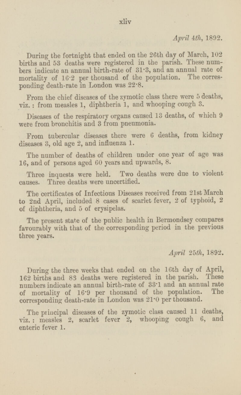 April 4th, 1892. During the fortnight that ended on the 26th day of March, 102 births and 53 deaths were registered in the parish. These numbers indicate an annual birth-rate of 31.3, and an annual rate of mortality of 16.2 per thousand of the population. The corresponding death-rate in London was 22.8. From the chief diseases of the zymotic class there were 5 deaths, viz.: from measles 1, diphtheria 1, and whooping cough 3. Diseases of the respiratory organs caused 13 deaths, of which 9 were from bronchitis and 3 from pneumonia. From tubercular diseases there were 6 deaths, from kidney diseases 3, old age 2, and influenza 1. The number of deaths of children under one year of age was 16, and of persons aged 60 years and upwards, 8. Three inquests were held. Two deaths were due to violent causes. Three deaths were uncertified. The certificates of Infectious Diseases received from 21st March to 2nd April, included 8 cases of scarlet fever, 2 of typhoid, 2 of diphtheria, and 5 of erysipelas. The present state of the public health in Bermondsey compares favourably with that of the corresponding period in the previous three years. April 25th, 1892. During the three weeks that ended on the 16th day of April, 162 births and 83 deaths were registered in the parish. These numbers indicate an annual birth-rate of 33.1 and an annual rate of mortality of 16.9 per thousand of the population. The corresponding death-rate in London was 21*0 per thousand. The principal diseases of the zymotic class caused 11 deaths, viz. : measles 2, scarlet fever 2, whooping cough 6, and enteric fever 1. xliv