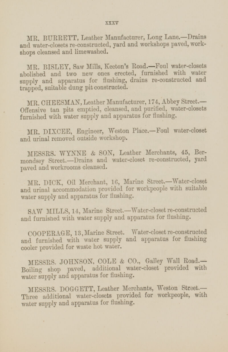 MR. BURRETT, Leather Manufacturer, Long Lane.—Drains and water-closets re-constructed, yard and workshops paved, work shops cleansed and limewashed. MR. BISLEY, Saw Mills, Keeton's Road.—Foul water-closets abolished and two new ones erected, furnished with water supply and apparatus for flushing, drains re-constructed and trapped, suitable dung pit constructed. MR. CHEESMAN, Leather Manufacturer, 174, Abbey Street.— Offensive tan pits emptied, cleansed, and purified, water-closets furnished with water supply and apparatus for flushing. MR. DIXCEE, Engineer, Weston Place.—Foul water-closet and urinal removed outside workshop. MESSRS. WYNNE & SON, Leather Merchants, 45, Ber mondsey Street. —Drains and water-closet re-constructed, yard paved and workrooms cleansed. MR. DICK, Oil Merchant, 16, Marine Street.—Water-closet and urinal accommodation provided for workpeople with suitable water supply and apparatus for flushing. SAW MILLS, 14, Marine Street.—Water-closet re-constructed and furnished with water supply and apparatus for flushing. COOPERAGE, 13, Marine Street. Water-closet re-constructed and furnished with water supply and apparatus for flushing cooler provided for waste hot water. MESSRS. JOHNSON, COLE & CO., Galley Wall Road.— Boiling- shop paved, additional water-closet provided with water supply and apparatus for flushing. MESSRS. DOGGETT, Leather Merchants, Weston Street.— Three additional water-closets provided for workpeople, with water supply and apparatus for flushing. XXXV