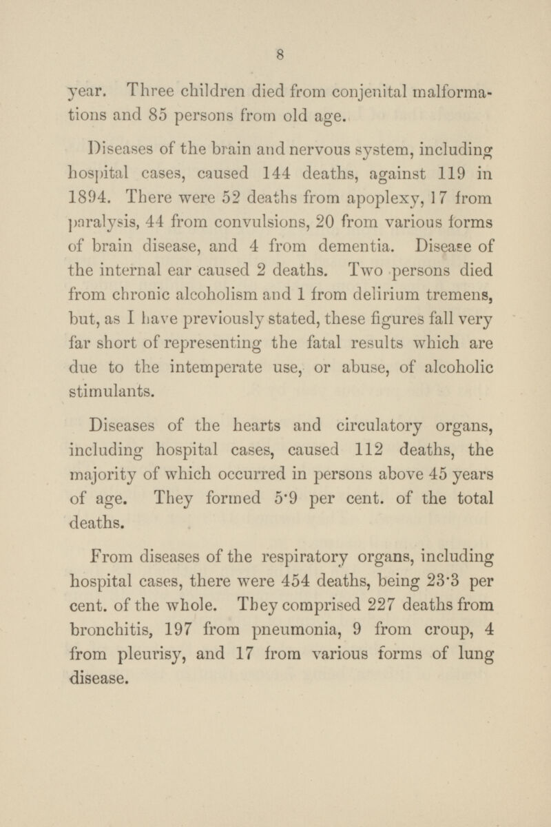 year. Three children died from conjenital malformations and 85 persons from old age. Diseases of the brain and nervous system, including hospital cases, caused 144 deaths, against 119 in 1894. There were 52 deaths from apoplexy, 17 from paralysis, 44 from convulsions, 20 from various forms of brain disease, and 4 from dementia. Disease of the internal ear caused 2 deaths. Two persons died from chronic alcoholism and 1 from delirium tremens, but, as I have previously stated, these figures fall very far short of representing the fatal results which are due to the intemperate use, or abuse, of alcoholic stimulants. Diseases of the hearts and circulatory organs, including hospital cases, caused 112 deaths, the majority of which occurred in persons above 45 years of age. They formed 5.9 per cent. of the total deaths. From diseases of the respiratory organs, including hospital cases, there were 454 deaths, being 23.3 per cent. of the whole. They comprised 227 deaths from bronchitis, 197 from pneumonia, 9 from croup, 4 from pleurisy, and 17 from various forms of lung disease.