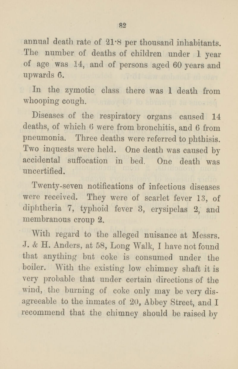 annual death rate of 21·8 per thousand inhabitants. The number of deaths of children under 1 year of age was 14, and of persons aged 60 years and upwards 6. In the zymotic class there was 1 death from whooping cough. Diseases of the respiratory organs caused 14 deaths, of which 6 were from bronchitis, and 6 from pneumonia. Three deaths were referred to phthisis. Two inquests were held. One death was caused by accidental suffocation in bed. One death was uncertified. Twenty-seven notifications of infectious diseases were received. They were of scarlet fever 13, of diphtheria 7, typhoid fever 3, erysipelas 2, and membranous croup 2. With regard to the alleged nuisance at Messrs. J. & H. Anders, at 58, Long Walk, I have not found that anything but coke is consumed under the boiler. With the existing low chimney shaft it is very probable that under certain directions of the wind, the burning of coke only may be very disagreeable to the inmates of 20, Abbey Street, and I recommend that the chimney should be raised by