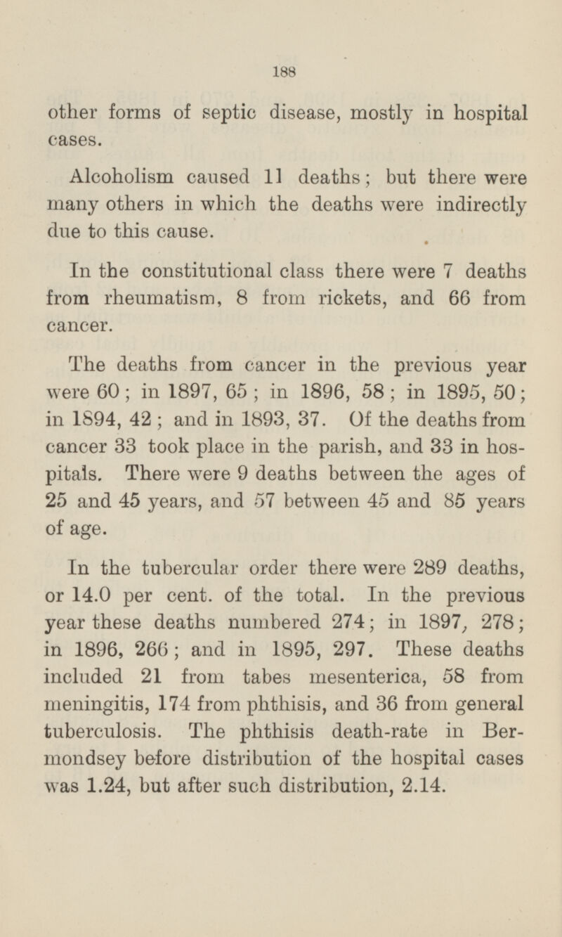 other forms of septic disease, mostly in hospital cases. Alcoholism caused 11 deaths; but there were many others in which the deaths were indirectly due to this cause. In the constitutional class there were 7 deaths from rheumatism, 8 from rickets, and 66 from cancer. The deaths from cancer in the previous year were 60 ; in 1897, 65 ; in 1896, 58 ; in 1895, 50; in 1594, 42 ; and in 1893, 37. Of the deaths from cancer 33 took place in the parish, and 33 in hospitals. There were 9 deaths between the ages of 25 and 45 years, and 57 between 45 and 85 years of age. In the tubercular order there were 289 deaths, or 14.0 per cent. of the total. In the previous year these deaths numbered 274; in 1897, 278; in 1896, 266; and in 1895, 297. These deaths included 21 from tabes mesenterica, 58 from meningitis, 174 from phthisis, and 36 from general tuberculosis. The phthisis death-rate in Bermondsey before distribution of the hospital cases was 1.24, but after such distribution, 2.14.