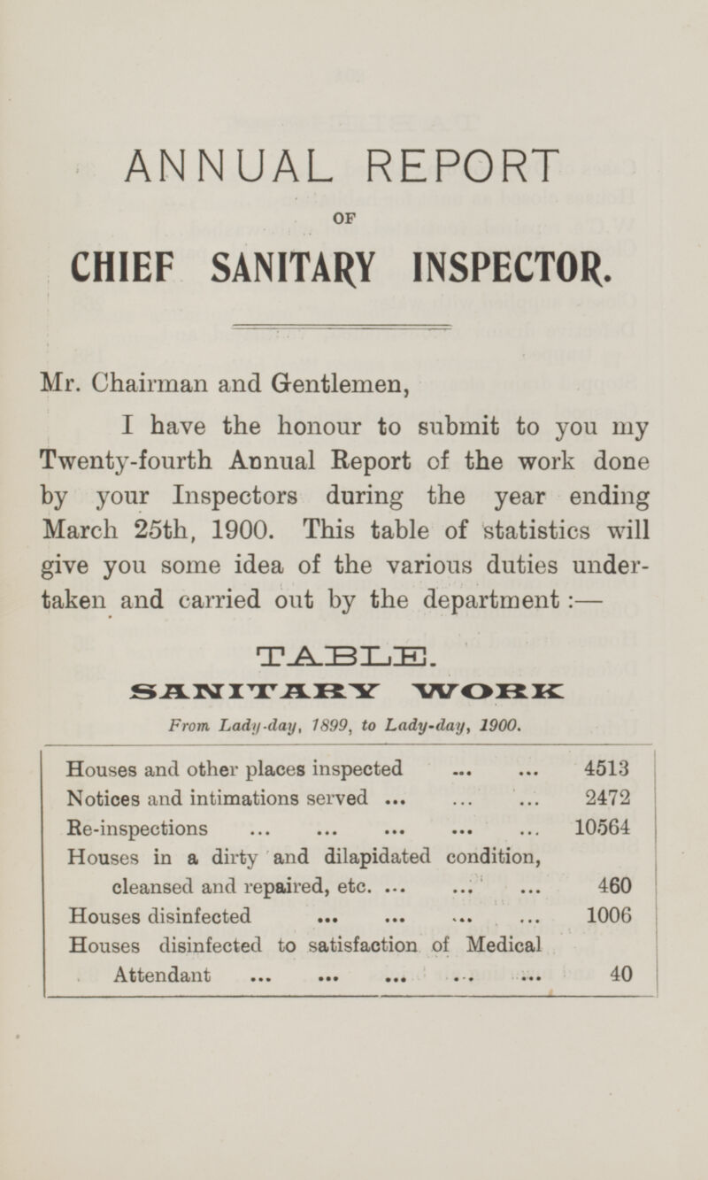 ANNUAL REPORT OF CHIEF SANITARY INSPECTOR. Mr. Chairman and Gentlemen, I have the honour to submit to you my Twenty-fourth Annual Report of the work done by your Inspectors during the year ending March 25th, 1900. This table of statistics will give you some idea of the various duties under taken and carried out by the department:— TABLE. SANITARY WORK From Lady-day, 1899, to Lady-day, 1900. Houses and other places inspected ... ... 4513 Notices and intimations served ... ... ...2472 Re-inspections ... ... ... ... ... 10564 Houses in a dirty and dilapidated condition, cleansed and repaired, etc. ... ... ... 460 Houses disinfected ... ... ... ... 1006 Houses disinfected to satisfaction of Medical Attendant ... ... ... .. ... 40