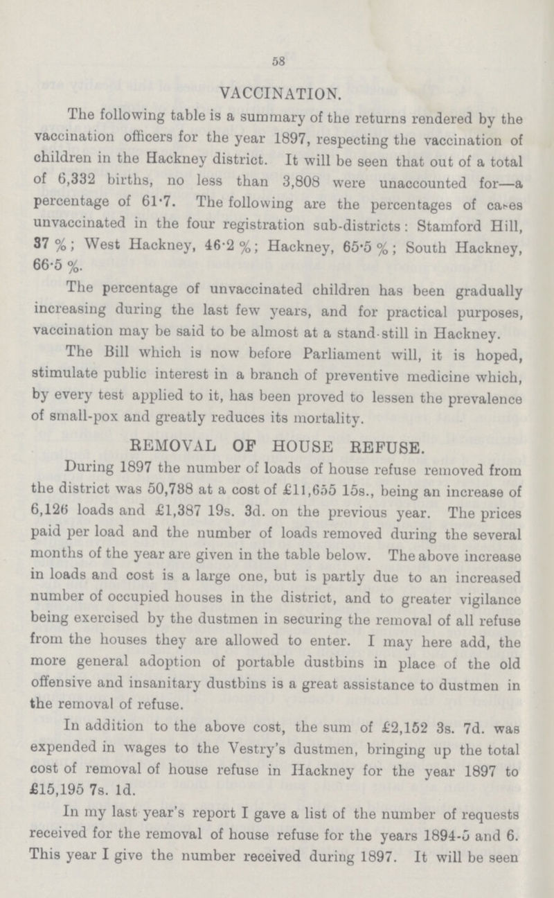 58 VACCINATION. The following table is a summary of the returns rendered by the vaccination officers for the year 1897, respecting the vaccination of children in the Hackney district. It will be seen that out of a total of 6,332 births, no less than 3,808 were unaccounted for—a percentage of 61-7. The following are the percentages of cat-es unvaccinated in the four registration sub-districts: Stamford Hill, 37%; West Hackney, 46-2%; Hackney, 65'5 %; South Hackney, 66-5 %. The percentage of unvaccinated children has been gradually increasing during the last few years, and for practical purposes, vaccination may be said to be almost at a stand-still in Hackney. The Bill which is now before Parliament will, it is hoped, stimulate public interest in a branch of preventive medicine which, by every test applied to it, has been proved to lessen the prevalence of small-pox and greatly reduces its mortality. REMOVAL OF HOUSE REFUSE. During 1897 the number of loads of house refuse removed from the district was 50,788 at a cost of £11,655 15s., being an increase of 6,126 loads and £1,387 19s. 3d. on the previous year. The prices paid per load and the number of loads removed during the several months of the year are given in the table below. The above increase in loads and cost is a large one, but is partly due to an increased number of occupied houses in the district, and to greater vigilance being exercised by the dustmen in securing the removal of all refuse from the houses they are allowed to enter. I may here add, the more general adoption of portable dustbins in place of the old offensive and insanitary dustbins is a great assistance to dustmen in the removal of refuse. In addition to the above cost, the sum of £2,152 3s. 7d. was expended in wages to the Vestry's dustmen, bringing up the total cost of removal of house refuse in Hackney for the year 1897 to £15,195 7s. Id. In my last year's report I gave a list of the number of requests received for the removal of house refuse for the years 1894-5 and 6. This year I give the number received during 1897. It will be seen