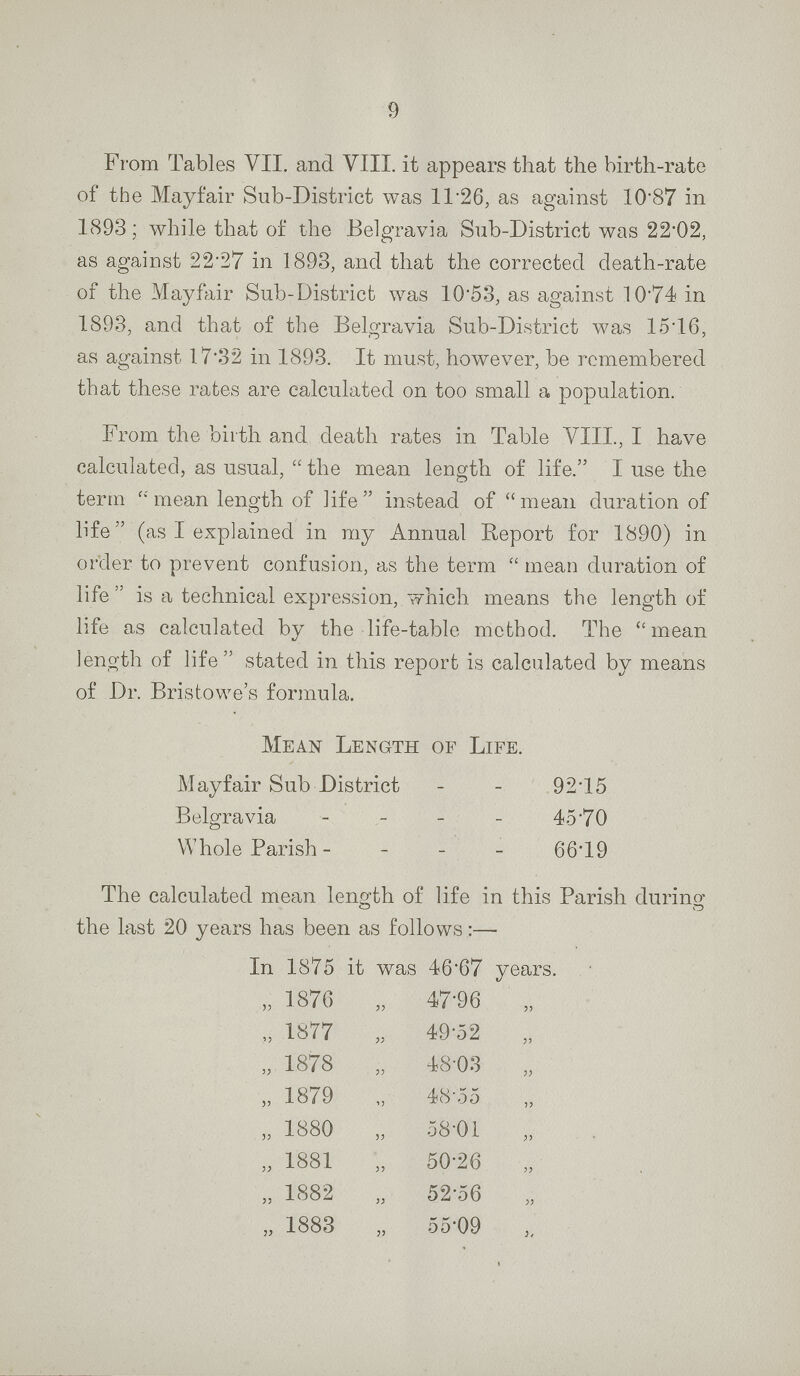 9 From Tables VII. and VIII. it appears that the birth-rate of the Mayfair Sub-District was 11.26, as against 10.87 in 1893; while that of the Belgravia Sub-District was 22.02, as against 22.27 in 1893, and that the corrected death-rate of the Mayfair Sub-District was 10.53, as against 10.74 in 1893, and that of the Belgravia Sub-District was 15'16, as against 17.32 in 1893. It must, however, be remembered that these rates are calculated on too small a population. From the birth and death rates in Table VIII., I have calculated, as usual, the mean length of life. I use the term mean length of life instead of mean duration of life (as I explained in my Annual Report for 1890) in order to prevent confusion, as the term mean duration of life'' is a technical expression, which means the length of life as calculated by the life-table method. The mean length of life stated in this report is calculated by means of Dr. Bristowe's formula. Mean Length of Life. Mayfair Sub District 92.15 Belgravia 45.70 Whole Parish 66.19 The calculated mean length of life in this Parish during the last 20 years has been as follows:— In 1875 it was 46.67 years. „ 1876 „ 47.96 „ „ 1877 „ 49.52 „ „ 1878 „ 48.03 „ „ 1879 „ 48.55 „ „ 1880 „ 58.01 „ „ 1881 „ 50.26 „ „ 1882 „ 52.56 „ „ 1883 „ 55.09 ,,