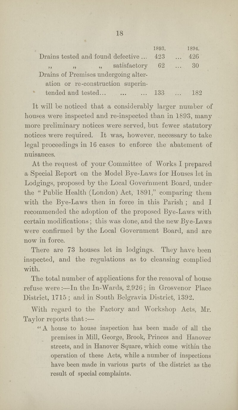 18 1893. 1894. Drains tested and found defective 423 426 ,, „ „ satisfactory 62 30 Drains of Premises undergoing alteration or re-construction superintended and tested 133 182 It will be noticed that a considerably larger number of houses were inspected and re-inspected than in 1893, many more preliminary notices were served, but fewer statutory notices were required. It was, however, necessary to take legal proceedings in 16 cases to enforce the abatement of nuisances. At the request of your Committee of Works I prepared a Special Report on the Model Bye-Laws for Houses let in Lodgings, proposed by the Local Government Board, under thePublic Health (London) Act, 1891, comparing them with the Bye-Laws then in force in this Parish; and I recommended the adoption of the proposed Bye-Laws with certain modifications; this was done, and the new Bye-Laws were confirmed by the Local Government Board, and are now in force. There are 73 houses let in lodgings. They have been inspected, and the regulations as to cleansing complied with. The total number of applications for the removal of house refuse were:-In the In-Wards, 2.926; in Grosvenor Place District, 1715; and in South Belgravia District, 1392. With regard to the Factory and Workshop Acts, Mr. Taylor reports that:— A house to house inspection has been made of all the premises in Mill, George, Brook, Princes and Hanover streets, and in Hanover Square, which come within the operation of these Acts, while a number of inspections have been made in various parts of the district as the result of special complaints.
