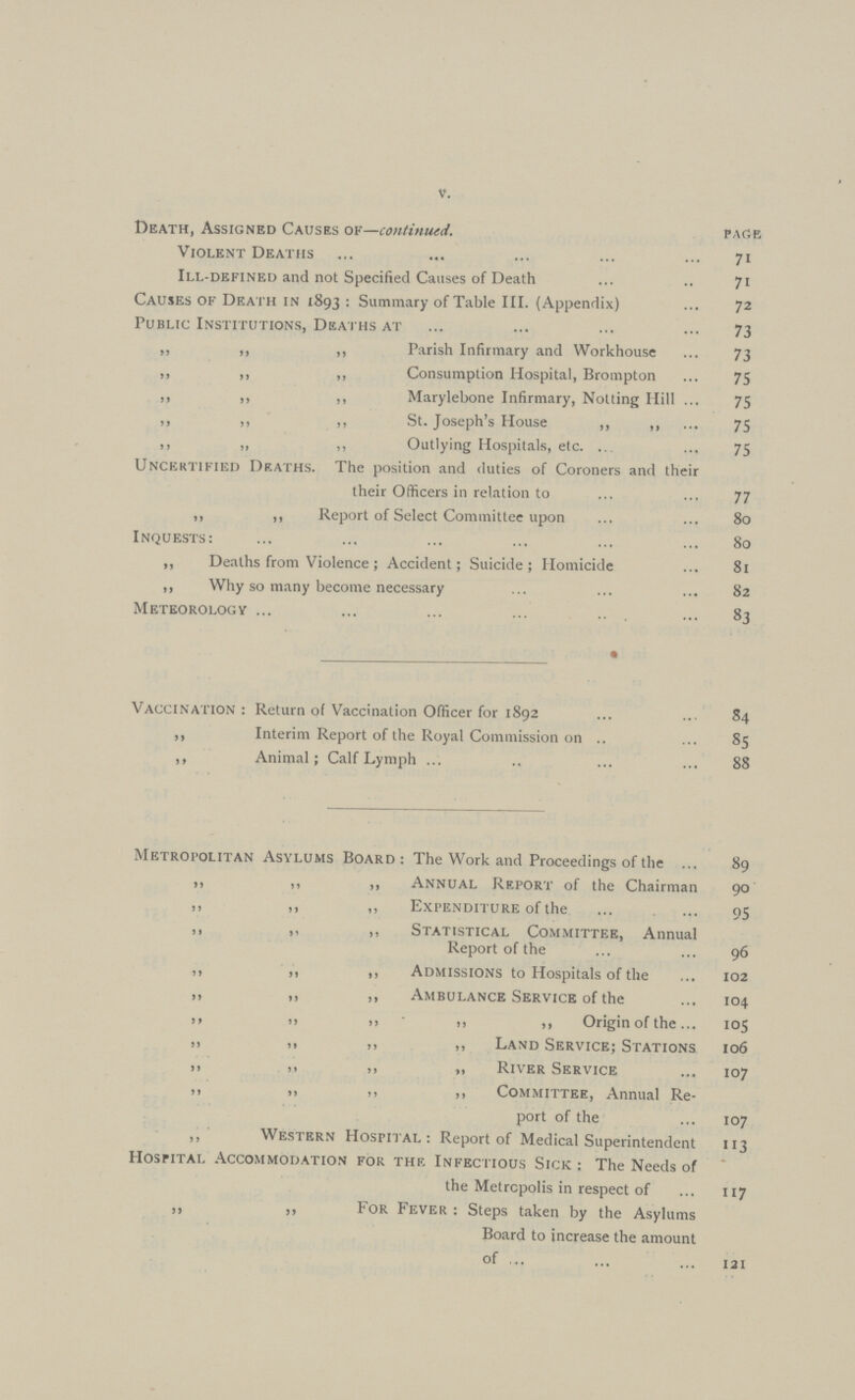 V. Death, Assigned Causes of—continued. page Violent Deaths 71 Ill-defined and not Specified Causes of Death 71 Causes of Death in 1893 : Summary of Table III. (Appendix) 72 Public Institutions, Deaths at 73 ,, ,, ,, Parish Infirmary and Workhouse 73 „ ,, „ Consumption Hospital, Brompton 75 ,, „ ,, Marylebone Infirmary, Notting Hill 75 ,, ,, ,, St. Joseph's House ,, ,, 75 ,, ,, ,, Outlying Hospitals, etc. 75 Uncertified Deaths. The position and duties of Coroners and their their Officers in relation to 77 „ „ Report of Select Committee upon 80 Inquests: 80 „ Deaths from Violence; Accident; Suicide; Homicide 81 ,, Why so many become necessary 82 Meteorology 83 Vaccination: Return of Vaccination Officer for 1892 84 ,, Interim Report of the Royal Commission on 85 ,, Animal; Calf Lymph 88 Metropolitan Asylums Board: The Work and Proceedings of the 89 ,, ,, ,, Annual Report of the Chairman 90 ,, ,, ,, Expenditure of the 95 ,, ,, ,, Statistical Committee, Annual Report of the 96 ,, ,, ,, Admissions to Hospitals of the 102 ,, ,, ,, Ambulance Service of the 104 ,, ,, ,, ,, „ Origin of the 105 ,, ,, ,, ,, Land Service; Stations 106 ,, „ ,, „ River Service 107 ,, „ ,, ,, Committee, Annual Re port of the 107 ,, Western Hospital: Report of Medical Superintendent 113 Hospital Accommodation for the Infectious Sick: The Needs of the Metropolis in respect of 117 ,, „ For Fever : Steps taken by the Asylums Board to increase the amount of 121