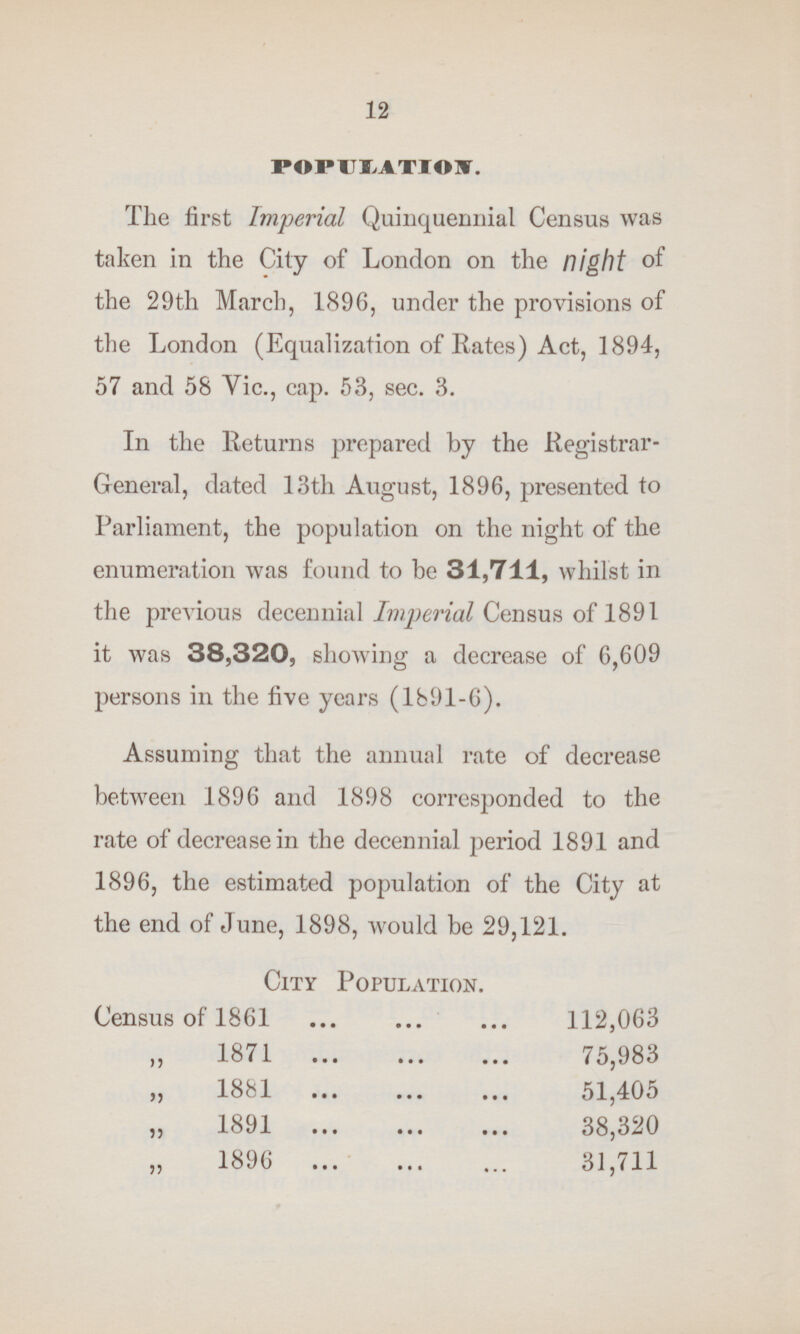 12 POPULATION. The first Imperial Quinquennial Census was taken in the City of London on the night of the 29th March, 1896, under the provisions of the London (Equalization of Rates) Act, 1894, 57 and 58 Vic., cap. 53, sec. 3. In the Returns prepared by the Registrar General, dated 13th August, 1896, presented to Parliament, the population on the night of the enumeration was found to be 31,711, whilst in the previous decennial Imperial Census of 1891 it was 38,320, showing a decrease of 6,609 persons in the five years (1891-6). Assuming that the annual rate of decrease between 1896 and 1898 corresponded to the rate of decrease in the decennial period 1891 and 1896, the estimated population of the City at the end of June, 1898, would be 29,121. City Population. Census of 1861 112,063 ,, 1871 75,983 ,, 1881 51,405 ,, 1891 38,320 „ 1896 31,711