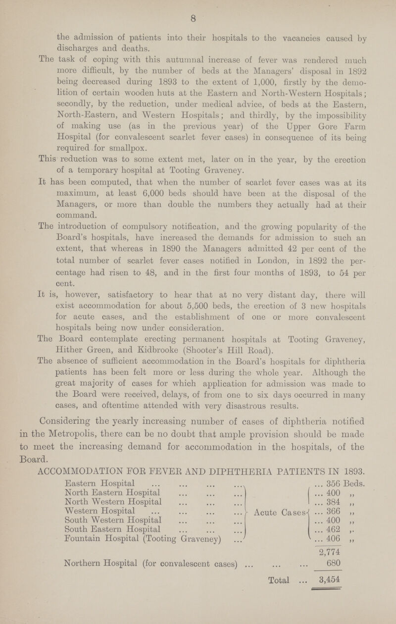 8 the admission of patients into their hospitals to the vacancies caused by discharges and deaths. The task of coping with this autumnal increase of fever was rendered much more difficult, by the number of beds at the Managers' disposal in 1892 being decreased during 1893 to the extent of 1,000, firstly by the demo lition of certain wooden huts at the Eastern and North-Western Hospitals; secondly, by the reduction, under medical advice, of beds at the Eastern, North-Eastern, and Western Hospitals; and thirdly, by the impossibility of making use (as in the previous year) of the Upper Gore Farm Hospital (for convalescent scarlet fever cases) in consequence of its being required for smallpox. This reduction was to some extent met, later on in the year, by the erection of a temporary hospital at Tooting Graveney. It has been computed, that when the number of scarlet fever cases was at its maximum, at least 6,000 beds should have been at the disposal of the Managers, or more than double the numbers they actually had at their command. The introduction of compulsory notification, and the growing popularity of the Board's hospitals, have increased the demands for admission to such an extent, that whereas in 1890 the Managers admitted 42 per cent of the total number of scarlet fever cases notified in London, in 1892 the per centage had risen to 48, and in the first four months of 1893, to 54 per cent. It is, however, satisfactory to hear that at no very distant day, there will exist accommodation for about 5,500 beds, the erection of 3 new hospitals for acute cases, and the establishment of one or more convalescent hospitals being now under consideration. The Board contemplate erecting permanent hospitals at Tooting Graveney, Hither Green, and Kidbrooke (Shooter's Hill Road). The absence of sufficient accommodation in the Board's hospitals for diphtheria patients has been felt more or less during the whole year. Although the great majority of cases for which application for admission was made to the Board were received, delays, of from one to six days occurred in many cases, and oftentime attended with very disastrous results. Considering the yearly increasing number of cases of diphtheria notified in the Metropolis, there can be no doubt that ample provision should be made to meet the increasing demand for accommodation in the hospitals, of the Board. ACCOMMODATION FOE FEYEE AND DIPHTHERIA PATIENTS IN 1893. Eastern Hospital 356 Beds. North Eastern Hospital 400 „ North Western Hospital 384 ,, Western Hospital Acute Cases366 „ South Western Hospital 400 ,, South Eastern Hospital 462 „ Fountain Hospital (Tooting Graveney) 406 ,, 2,774 Northern Hospital (for convalescent cases) 680 Total 3,454