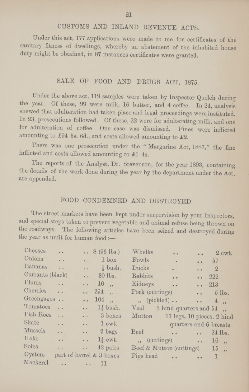 21 CUSTOMS AND INLAND REVENUE ACTS. Under this act, 177 applications were made to me for certificates of the sanitary fitness of dwellings, whereby an abatement of the inhabited house duty might be obtained, in 87 instances certificates were granted. SALE OF FOOD AND DRUGS ACT, 1875. Under the above act, 119 samples were taken by Inspector Quelch duriDg the year. Of these, 99 were milk, 16 butter, and 4 coffee. In 24, analysis shewed that adulteration had taken place and legal proceedings were instituted. In 23, prosecutions followed. Of these, 22 were for adulterating milk, and one for adulteration of coffee One case was dismissed. Fines were inflicted amounting to £94 5s. 6d., and costs allowed amounting to £2. There was one prosecution under the Margarine Act, 1887, the fine inflicted and costs allowed amounting to £1 4s. The reports of the Analyst, Dr. Stevenson, for the year 1893, containing the details of the work done during the year by the department under the Act, are appended. FOOD CONDEMNED AND DESTROYED. The street markets have been kept under surpervision by your Inspectors, and special steps taken to prevent vegetable and animal refuse being thrown on the roadways. The following articles have been seized and destroyed during the year as unfit for human food:— Cheeses 8 (96 lbs.) Whelks 2 cwt. Onions 1 box Fowls 57 Bananas ½bush. Ducks 2 Currants (black) 30 lbs. Rabbits 222 Plums 10 ,, Kidneys 213 Cherries 294 ,, Pork (cuttings) 5 lbs. Greengages 104 ,, „ (pickled) 4 ,, Tomatoes 1½ bush. Veal 3 hind quarters and 54 ,, Fish Roes 3 boxes Mutton 17 legs, 10 pieces, 2 hind Skate 1 cwt. quarters and 6 breasts Mussels 2 bags Beef 24 lbs. Hake 1½ cwt. „ (cuttings) 16 „ Soles 42 pairs Beef & Mutton (cuttings) 15 „ Oysters part of barrel & 3 boxes Pigs head 1 Mackerel 11