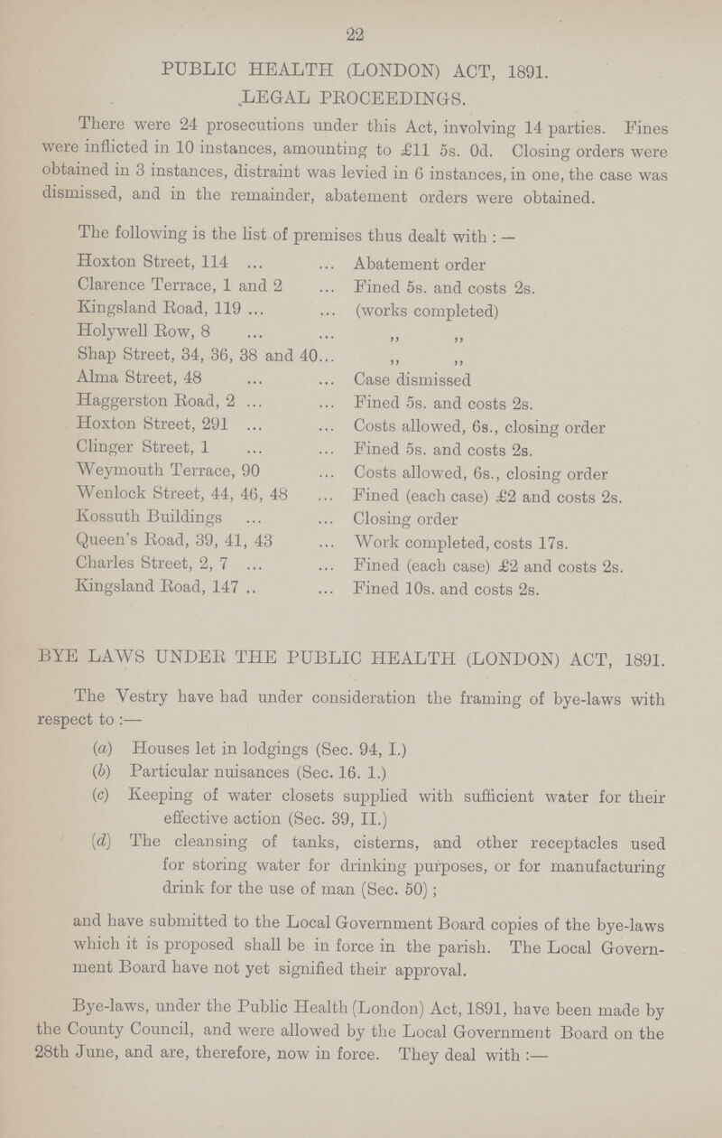 22 PUBLIC HEALTH (LONDON) ACT, 1891. LEGAL PROCEEDINGS. There were 24 prosecutions under this Act, involving 14 parties. Fines were inflicted in 10 instances, amounting to £11 5s. 0d. Closing orders were obtained in 3 instances, distraint was levied in 6 instances, in one, the case was dismissed, and in the remainder, abatement orders were obtained. The following is the list of premises thus dealt with:— Hoxton Street, 114 Abatement order Clarence Terrace, 1 and 2 Fined 5s. and costs 2s. Kingsland Road, 119 (works completed) Holywell Row, 8 „ ,, Shap Street, 34, 36, 38 and 40 ,, ,, Alma Street, 48 Case dismissed Haggerston Road, 2 Fined 5s. and costs 2s. Hoxton Street, 291 Costs allowed, 6s., closing order Clinger Street, 1 Fined 5s. and costs 2s. Weymouth Terrace, 90 Costs allowed, 6s., closing order Wenlock Street, 44, 46, 48 Fined (each case) £2 and costs 2s. Kossuth Buildings Closing order Queen's Road, 39, 41, 43 Work completed, costs 17s. Charles Street, 2, 7 Fined (each case) £2 and costs 2s. Kingsland Road, 147 Fined 10s. and costs 2s. BYE LAWS UNDER THE PUBLIC HEALTH (LONDON) ACT, 1891. The Vestry have had under consideration the framing of bye-laws with respect to:— (a) Houses let in lodgings (Sec. 94, I.) (b) Particular nuisances (Sec. 16. 1.) (c) Keeping of water closets supplied with sufficient water for their effective action (Sec. 39, II.) (d) The cleansing of tanks, cisterns, and other receptacles used for storing water for drinking purposes, or for manufacturing drink for the use of man (Sec. 50); and have submitted to the Local Government Board copies of the bye-laws which it is proposed shall be in force in the parish. The Local Govern ment Board have not yet signified their approval. Bye-laws, under the Public Health (London) Act, 1891, have been made by the County Council, and were allowed by the Local Government Board on the 28th June, and are, therefore, now in force. They deal with:—