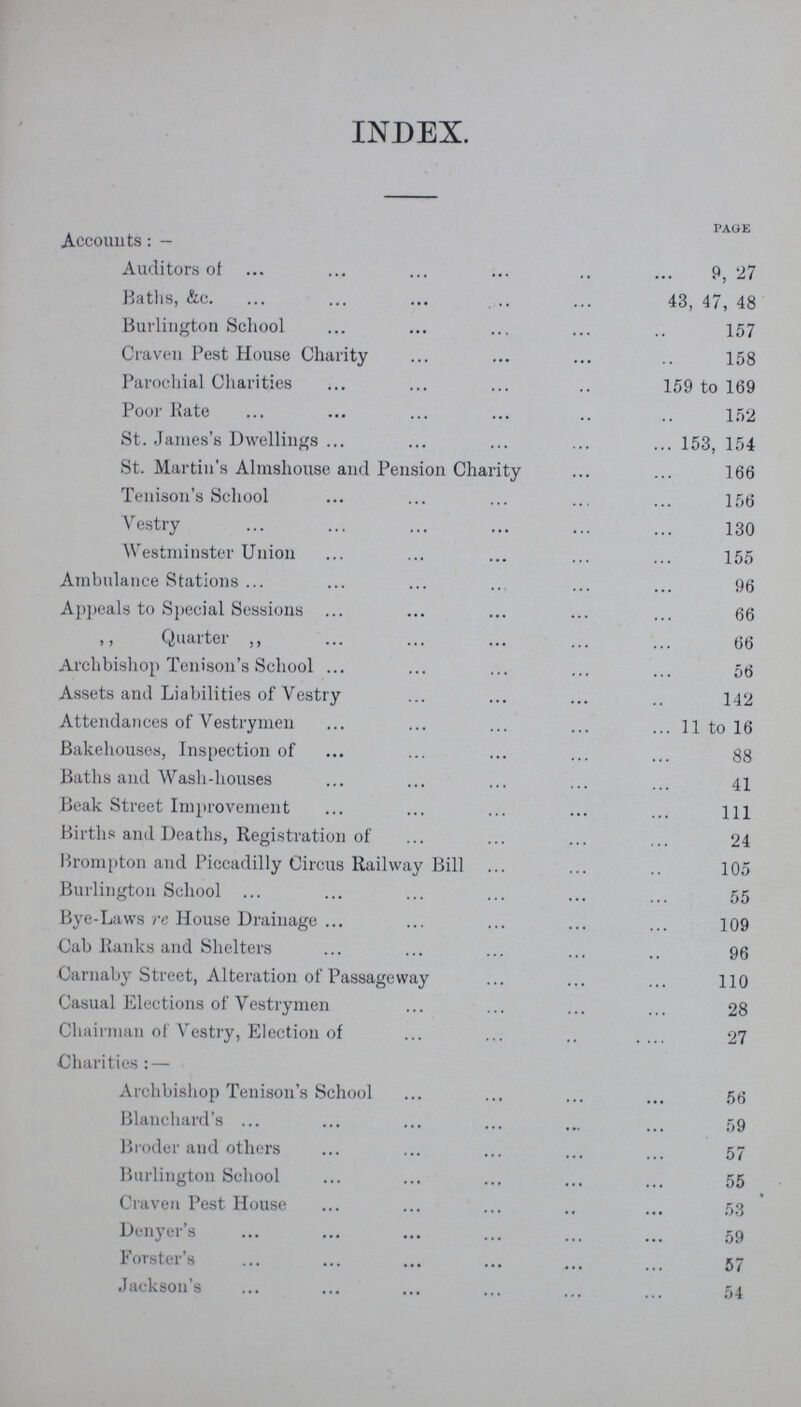 INDEX. PAGE Accounts:— Auditors of 9, 27 Baths, &c. 43, 47, 48 Burlington School 157 Craven Pest House Charity 158 Parochial Charities 159 to 169 Poor Bate 152 St. James's Dwellings 153, 154 St. Martin's Almshouse and Pension Charity 166 Tenison's School 156 Vestry 130 Westminster Union 155 Ambulance Stations 96 Appeals to Special Sessions 66 ,, Quarter ,, 66 Archbishop Tenison's School 56 Assets and Liabilities of Vestry 142 Attendances of Vestrymen 11 to 16 Bakehouses, Inspection of 88 Baths and Wash-houses 41 Beak Street Improvement 1ll Births and Deaths, Registration of 24 Brompton and Piccadilly Circus Railway Bill 105 Burlington School 55 Bye-Laws re House Drainage 109 Cab Ranks and Shelters 96 Carnaby Street, Alteration of Passageway 110 Casual Elections of Vestrymen 28 Chairman of Vestry, Election of 27 Charities: — Archbishop Tenison's School 56 Blanchard's 59 Broder and others 57 Burlington School 55 Craven Pest House 53 Denyer's 59 FoTster's 57 Jackson's 54