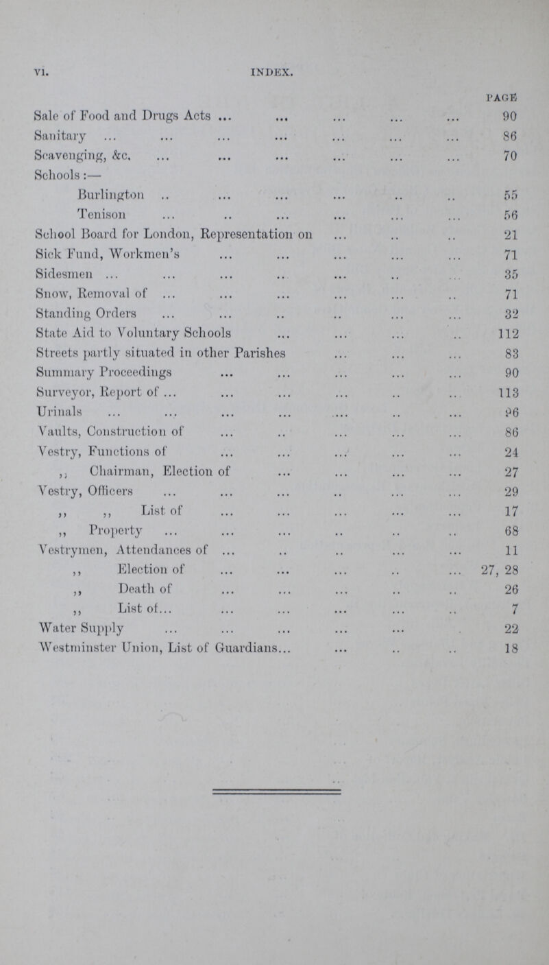 VI. INDEX. PAGE Sale of Food and Drugs Acts 90 Sanitary 86 Scavenging, &c. 70 Schools:— Burlington 55 Tenison 56 School Board for London, Representation on 21 Sick Fund, Workmen's 71 Sidesmen 35 Snow, Removal of 71 Standing Orders 32 State Aid to Voluntary Schools 112 Streets partly situated in other Parishes 83 Summary Proceedings 90 Surveyor, Report of 113 Urinals 96 Vaults, Construction of 86 Vestry, Functions of 24 ,, Chairman, Election of 27 Vestry, Officers 29 ,, ,, List of 17 ,, Property 68 Vestrymen, Attendances of 11 ,, Election of 27, 28 ,, Death of 26 ,, List of 7 Water Supply 22 Westminster Union, List of Guardians 18