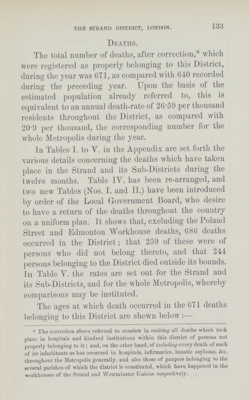 THE STRAND DISTRICT, LONDON. 133 Deaths. The total number of deaths, after correction,* which were registered as properly belonging to this District, during the year was 671, as compared with 640 recorded during the preceding year. Upon the basis of the estimated population already referred to, this is equivalent to an annual death-rate of 26.59 per thousand residents throughout the District, as compared with 20.9 per thousand, the corresponding number for the whole Metropolis during the year. In Tables I. to V. in the Appendix are set forth the various details concerning the deaths which have taken place in the Strand and its Sub-Districts daring the twelve months. Table IV. has been re-arranged, and two new Tables (Nos. I. and II.) have been introduced by order of the Local Government Board, who desire to have a return of the deaths throughout the country on a uniform plan. It shows that, excluding the Poland Street and Edmonton Workhouse deaths, 686 deaths occurred in the District; that 259 of these were of persons who did not belong thereto, and that 244 persons belonging to the District died outside its bounds. In Table V. the rates are set out for the Strand and its Sub-Districts, and for the whole Metropolis, whereby comparisons may be instituted. The ages at which death occurred in the 671 deaths belonging to this District are shewn below:— *The correction above referred to consists in omitting all deaths which took place in hospitals and kindred institutions within this district of persons not properly belonging to it; and, on the other hand, of including every death of such of its inhabitants as has occurred in hospitals, infirmaries, lunatic asylums, &c. throughout the Metropolis generally, and also those of paupers belonging to the several parishes of which the district is constituted, which have happened in the workhouses of the Strand and Westminster Unions respectively.