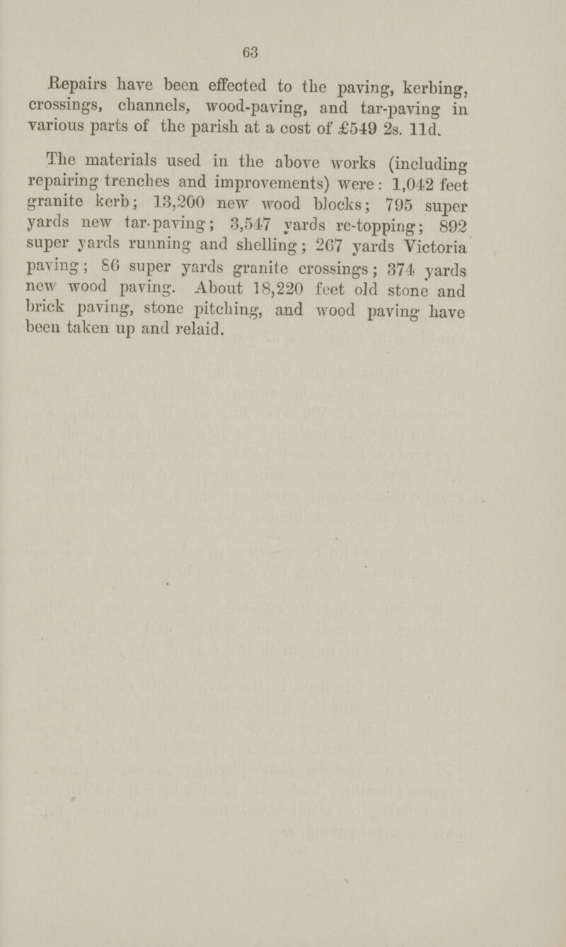 63 Repairs have been effected to the paving, kerbing, crossings, channels, wood-paving, and tar-paving in various parts of the parish at a cost of £549 2s. 11d. The materials used in the above works (including repairing trenches and improvements) were: 1,042 feet granite kerb; 13,200 new wood blocks; 795 super yards new tar-paving; 3,547 yards re-topping; 892 super yards running and shelling; 267 yards Victoria paving; 80 super yards granite crossings; 374 yards new wood paving. About 18,220 feet old stone and brick paving, stone pitching, and wood paving have been taken up and relaid.