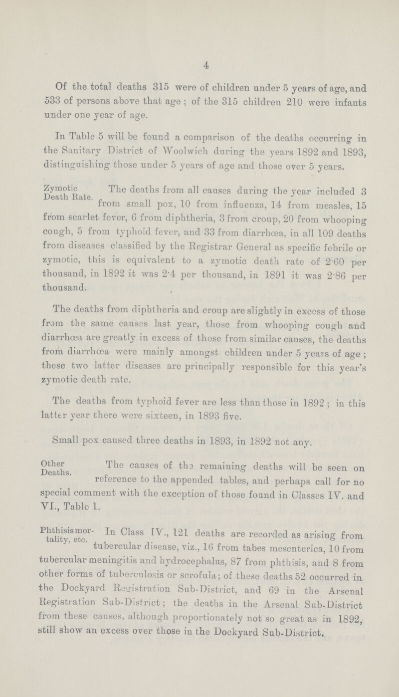 4 Of the total deaths 315 were of children under 5 years of age, and 533 of persons above that age; of the 315 children 210 were infants under one year of age. In Table 5 will be found a comparison of the deaths occurring in the Sanitary District of Woolwich during the years 1892 and 1893, distinguishing those under 5 years of age and those over 5 years. Zymotic Death Rate The deaths from all causes during the year included 3 From small pox 10 from isfluenze, 14 from measles, 15 from scarlet fever, 6 from diphtheria, 3 from croup, 20 from whooping cough, 5 from typhoid fever, and 33 from diarrhoea, in all 109 deaths from diseases classified by the Registrar General as specific febrile or zymotic, this is equivalent to a zymotic death rate of 2.60 per thousand, in 1892 it was 2.4 per thousand, in 1891 it was 2.86 per thousand. The deaths from diphtheria and croup are slightly in exccss of those from the same causes last year, those from whooping cough and diarrhoea are greatly in excess of those from similar causes, the deaths from diarrhoea were mainly amongst children under 5 years of age; these two latter diseases are principally responsible for this year's zymotic death rate. The deaths from typhoid fever are less than those in 1892 ; in this latter year there were sixteen, in 1893 five. Small pox caused three deaths in 1893, in 1892 not any. Other The causes of the remaining deaths will be seen on reference to the appended tables, and perhaps call for no special comment with the exception of those found in Classes IV. and VI., Table 1. Phthisis mortality, etc. In Class IV., 121 deaths are recorded as arising from tubercular disease, viz., 16 from tabes mesenterica, 10 from tubercular meningitis and hydrocephalus, 87 from phthisis, and 8 from other forms of tuberculosis or scrofula; of these deaths 52 occurred in the Dockyard Registration Sub-District, and 69 in the Arsenal Registration Sub-District; the deaths in the Arsenal Sub-District from these causes, although proportionately not so great as in 1892, still show an excess over those in the Dockyard Sub-District.