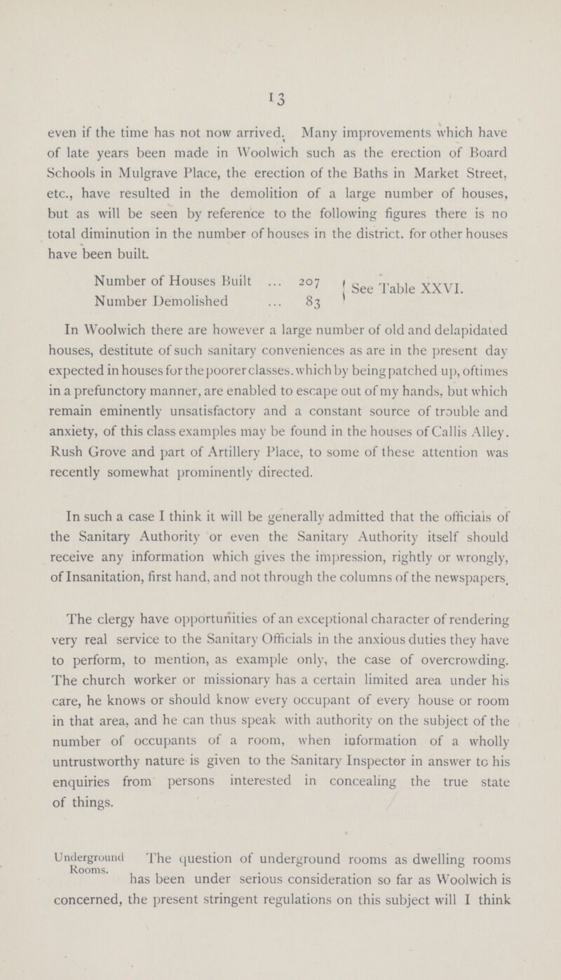 13 even if the time has not now arrived. Many improvements which have of late years been made in Woolwich such as the erection of Board Schools in Mulgrave Place, the erection of the Baths in Market Street, etc., have resulted in the demolition of a large number of houses, but as will be seen by reference to the following figures there is no total diminution in the number of houses in the district. for other houses have been built. Number of Houses Built 207 See Table XXVI. Number Demolished 83 In Woolwich there are however a large number of old and delapidated houses, destitute of such sanitary conveniences as are in the present day expected in houses for the poorer classes, which by being patched up, oftimes in a prefunctory manner, are enabled to escape out of my hands, but which remain eminently unsatisfactory and a constant source of trouble and anxiety, of this class examples may be found in the houses of Callis Alley. Rush Grove and part of Artillery Place, to some of these attention was recently somewhat prominently directed. In such a case I think it will be generally admitted that the officials of the Sanitary Authority or even the Sanitary Authority itself should receive any information which gives the impression, rightly or wrongly, of Insanitation, first hand, and not through the columns of the newspapers. The clergy have opportunities of an exceptional character of rendering very real service to the Sanitary Officials in the anxious duties they have to perform, to mention, as example only, the case of overcrowding. The church worker or missionary has a certain limited area under his care, he knows or should know every occupant of every house or room in that area, and he can thus speak with authority on the subject of the number of occupants of a room, when information of a wholly untrustworthy nature is given to the Sanitary Inspector in answer to his enquiries from persons interested in concealing the true state of things. Underground Rooms. The question of underground rooms as dwelling rooms has been under serious consideration so far as Woolwich is concerned, the present stringent regulations on this subject will I think