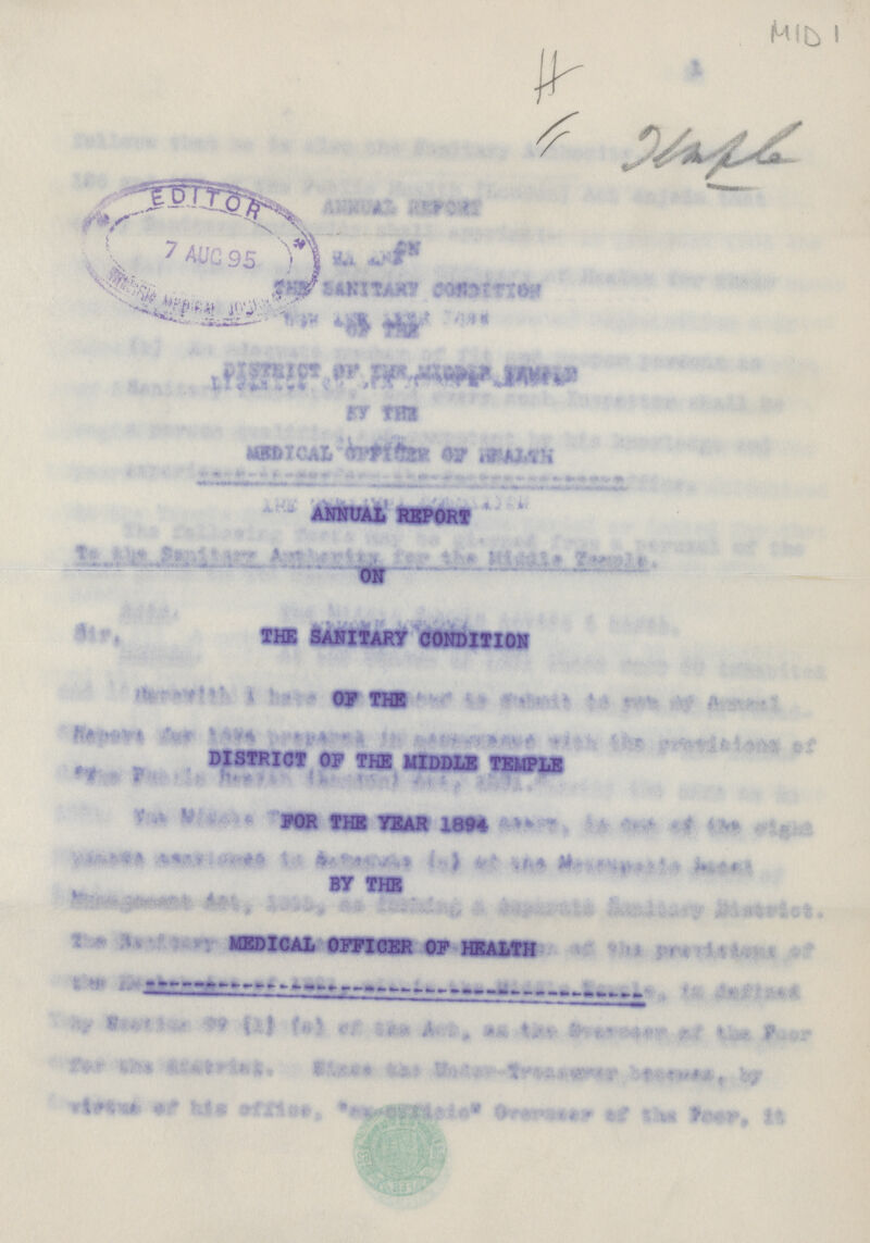 MID 1 ANNUAL REPORT ON THE SANITARY CONDITION OF THE DISTRICT OF THE MIDDLE TEMPLE FOR THE YEAR 1984 BY THE MEDICAL OFFICER OF HEALTH