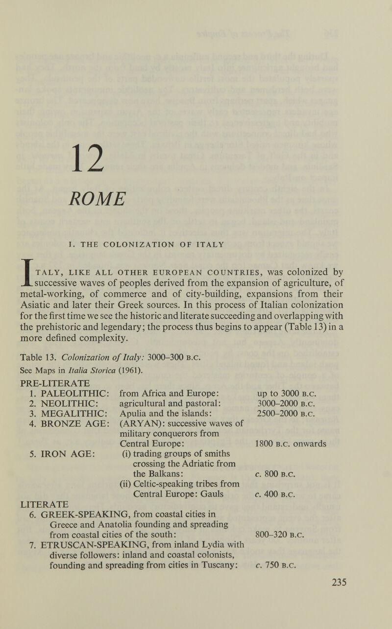 12 ROME I. THE COLONIZATION OF ITALY ITALY, LIKE ALL OTHER EUROPEAN COUNTRIES, WaS Colonized by successive waves of peoples derived from the expansion of agriculture, of metal-working, of commerce and of city-building, expansions from their Asiatic and later their Greek sources. In this process of Italian colonization for the first time we see the historic and literate succeeding and overlapping with the prehistoric and legendary; the process thus begins to appear (Table 13) in a more defined complexity. Table 13. Colonization of Italy: 3000-300 b.c. See Maps in Italia Storica (1961). PRE-LITERATE 1. PALEOLITHIC: from Africa and Europe: up to 3000 b.c. 2. NEOLITHIC: agricultural and pastoral: 3000-2000 b.c. 3. MEGALITHIC: Apulia and the islands: 2500-2000 b.c. 4. BRONZE AGE: (ARYAN): successive waves of military conquerors from Central Europe: 1800 b.c. onwards 5. IRON AGE: (i) trading groups of smiths crossing the Adriatic from the Balkans: c. 800 b.c. (ii) Celtic-speaking tribes from Central Europe: Gauls c. 400 b.c. LITERATE 6. GREEK-SPEAKING, from coastal cities in Greece and Anatolia founding and spreading from coastal cities of the south: 800-320 b.c. 7. ETRUSCAN-SPEAKING, from inland Lydia with diverse followers : inland and coastal colonists, founding and spreading from cities in Tuscany: c. 750 b.c. 235