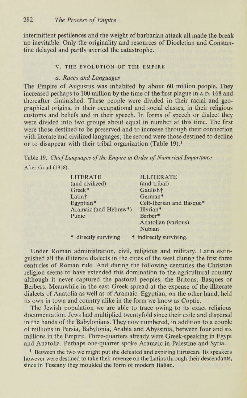 282 The Process of Empire intermittent pestilences and the weight of barbarian attack all made the break up inevitable. Only the originality and resources of Diocletian and Constan- tine delayed and partly averted the catastrophe. v. the evolution of the empire a. Races and Languages The Empire of Augustus was inhabited by about 60 million people. They increased perhaps to 100 million by the time of the first plague in a.d. 168 and thereafter diminished. These people were divided in their racial and geo¬ graphical origins, in their occupational and social classes, in their religious customs and beliefs and in their speech. In forms of speech or dialect they were divided into two groups about equal in number at this time. The first were those destined to be preserved and to increase through their connection with literate and civilized languages ; the second were those destined to decline or to disappear with their tribal organization (Table 19). ^ Table 19. Chief Languages of the Empire in Order of Numerical Importance After Goad (1958). LITERATE (and civilized) Greek* Latin t Egyptian* Aramaic (and Hebrew*) Punic ILLITERATE (and tribal) Gaulishf German* Celt-Iberian and Basque* Illyrian* Berber* Anatolian (various) Nubian * directly surviving f indirectly surviving. Under Roman administration, civil, religious and mihtary, Latin extin¬ guished all the illiterate dialects in the cities of the west during the first three centuries of Roman rule. And during the following centuries the Christian religion seems to have extended this domination to the agricultural country although it never captured the pastoral peoples, the Britons, Basques or Berbers. Meanwhile in the east Greek spread at the expense of the iUiterate dialects of Anatolia as well as of Aramaic. Egyptian, on the other hand, held its own in town and country alike in the form we know as Coptic. The Jewish population we are able to trace owing to its exact religious documentation. Jews had multiplied twentyfold since their exile and dispersal in the hands of the Babylonians. They now numbered, in addition to a couple of millions in Persia, Babylonia, Arabia and Abyssinia, between four and six millions in the Empire. Three-quarters already were Greek-speaking in Egypt and Anatoha. Perhaps one-quarter spoke Aramaic in Palestine and Syria. ^ Between the two we might put the defeated and expiring Etruscan. Its speakers however were destined to take their revenge on the Latins through their descendants, since in Tuscany they moulded the form of modern Italian.