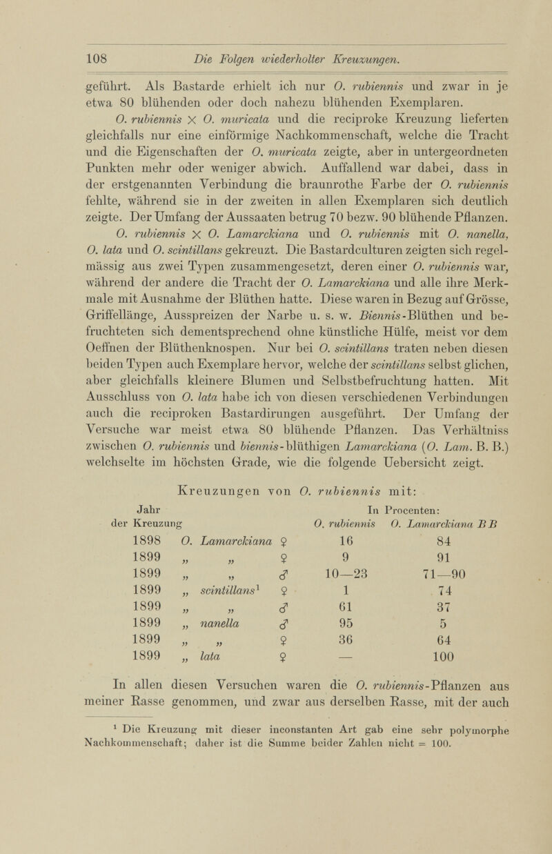 geführt. Als Bastarde erhielt ich nur 0. rubiennis und zwar in je etwa 80 blühenden oder doch nahezu blühenden Exemplaren. 0. rubiennis X O. muricata und die reciproke Kreuzung lieferten gleichfalls nur eine einförmige Nachkommenschaft, welche die Tracht und die Eigenschaften der O. muricata zeigte, aber in untergeordneten Punkten mehr oder weniger abwich. Auffallend war dabei, dass in der erstgenannten Verbindung die braunrothe Farbe der 0. rubiennis fehlte, während sie in der zweiten in allen Exemplaren sich deutlich zeigte. Der Umfang der Aussaaten betrug 70 bezw. 90 blühende Pflanzen. 0. rubiennis X O. Lamarckiana und 0. rubiennis mit 0. nanella, 0. lata und O. scintillans gekreuzt. Die Bastardculturen zeigten sich regel mässig aus zwei Typen zusammengesetzt, deren einer 0. rubiennis war, während der andere die Tracht der O. Lamarckiana und alle ihre Merk male mit Ausnahme der Blüthen hatte. Diese waren in Bezug auf Grösse, Griffellänge, Ausspreizen der Narbe u. s. w. Biennis - Blüthen und be fruchteten sich dementsprechend ohne künstliche Hülfe, meist vor dem Oeffnen der Blüthenknospen. Nur bei O. scintillans traten neben diesen beiden Typen auch Exemplare hervor, welche der scintillans selbst glichen, aber gleichfalls kleinere Blumen und Selbstbefruchtung hatten. Mit Ausschluss von 0. lata habe ich von diesen verschiedenen Verbindungen auch die reciproken Bastardirungen ausgeführt. Der Umfang der Versuche war meist etwa 80 blühende Pflanzen. Das Verhältniss zwischen O. rubiennis und ¿uercm's-blüthigen Lamarckiana (O. Lam. B. B.) welchselte im höchsten Grade, wie die folgende Uebersicht zeigt. Kreuzungen von O. rubiennis mit: Jahr In Procenten: der Kreuzung O. rubiennis O. Lamarckiana BB 1898 O. Lamarckiana ? 16 84 1899 V V 9 9 91 1899 V V <? 10—23 71—90 1899 V scintillans 1 9 1 74 1899 » V c? 61 37 1899 nanella c? 95 5 1899 » » 9 36 64 1899 >) lata 9 — 100 In allen diesen Versuchen waren die O. rubiennis- Pflanzen aus meiner Rasse genommen, und zwar aus derselben Rasse, mit der auch 1 Die Kreuzung mit dieser inconstanten Art gab eine sehr polymorphe Nachkommenschaft; daher ist die Summe beider Zahlen nicht = 100.
