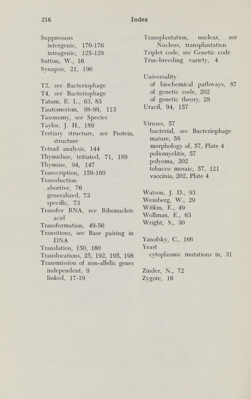 216 Index Suppressors intergenic, 170-176 intragenic, 125-128 Sutton, W., 16 Synapsis, 21, 196 T2, see Bacteriophage T4, see Bacteriophage Tatum, E. L., 63, 83 Tautomerism, 98-99, 113 Taxonomy, see Species Taylor, J. H., 189 Tertiary structure, see Protein, structure Tetrad analysis, 144 Thymidine, tritiated, 71, 189 Thymine, 94, 147 Transcription, 159-160 Transduction abortive, 76 generalized, 73 specific, 73 Transfer RNA, see Ribonucleic acid Transformation, 49-56 Transitions, see Base pairing in DNA Translation, 150, 160 Translocations, 25, 192, 195, 198 Transmission of non-allelic genes independent, 9 linked, 17-19 Transplantation, nuclear, see Nucleus, transplantation Triplet code, see Genetic code True-breeding variety, 4 Universality of biochemical pathways, 87 of genetic code, 202 of genetic theory, 28 Uracil, 94, 157 Viruses, 57 bacterial, see Bacteriophage mature, 58 morphology of, 57, Plate 4 poliomyelitis, 57 polyoma, 202 tobacco mosaic, 57, 121 vaccinia, 202, Plate 4 Watson, J. D., 93 Weinberg, W., 29 Witkin, E., 49 Wollman, E., 63 Wright, S., 30 Yanofsky, C., 166 Yeast cytoplasmic mutations in, 31 Zinder, N., 72 Zygote, 16