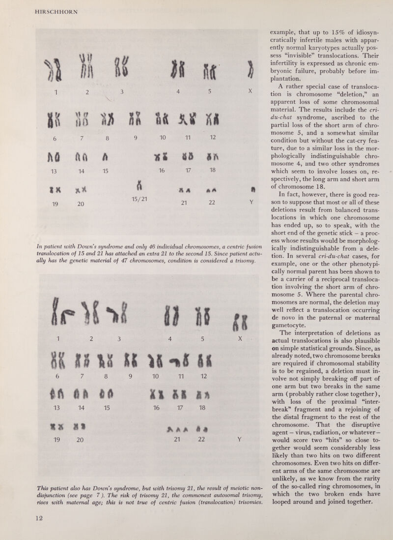 HIRSCHHORN II Y In patient with Down's syndrome and only 46 individual chromosomes, a centric fusion translocation of 15 and 21 has attached an extra 21 to the second 15. Since patient actu¬ ally has the genetic material of 47 chromosomes, condition is considered a trisomy. This patient also has Down's syndrome, but with trisomy 21, the result of meiotic non¬ disjunction (see page 7 ). The risk of trisomy 21, the commonest autosomal trisomy, rises with maternal age; this is not true of centric fusion (translocation) trisomies. example, that up to 15% of idiosyn- cratically infertile males with appar¬ ently normal karyotypes actually pos¬ sess invisible translocations. Their infertility is expressed as chronic em¬ bryonic failure, probably before im¬ plantation. A rather special case of transloca¬ tion is chromosome deletion, an apparent loss of some chromosomal material. The results include the cri- du-chat syndrome, ascribed to the partial loss of the short arm of chro¬ mosome 5, and a somewhat similar condition but without the cat-cry fea¬ ture, due to a similar loss in the mor¬ phologically indistinguishable chro¬ mosome 4, and two other syndromes which seem to involve losses on, re¬ spectively, the long arm and short arm of chromosome 18. In fact, however, there is good rea¬ son to suppose that most or all of these deletions result from balanced trans¬ locations in which one chromosome has ended up, so to speak, with the short end of the genetic stick - a proc¬ ess whose results would be morpholog¬ ically indistinguishable from a dele¬ tion. In several cri-du-chat cases, for example, one or the other phenotypi- cally normal parent has been shown to be a carrier of a reciprocal transloca¬ tion involving the short arm of chro¬ mosome 5. Where the parental chro¬ mosomes are normal, the deletion may well reflect a translocation occurring de novo in the paternal or maternal gametocyte. The interpretation of deletions as actual translocations is also plausible on simple statistical grounds. Since, as already noted, two chromosome breaks are required if chromosomal stability is to be regained, a deletion must in¬ volve not simply breaking off part of one arm but two breaks in the same arm (probably rather close together), with loss of the proximal inter- break fragment and a rejoining of the distal fragment to the rest of the chromosome. That the disruptive agent — virus, radiation, or whatever — would score two hits so close to¬ gether would seem considerably less likely than two hits on two different chromosomes. Even two hits on differ¬ ent arms of the same chromosome are unlikely, as we know from the rarity of the so-called ring chromosomes, in which the two broken ends have looped around and joined together. 12