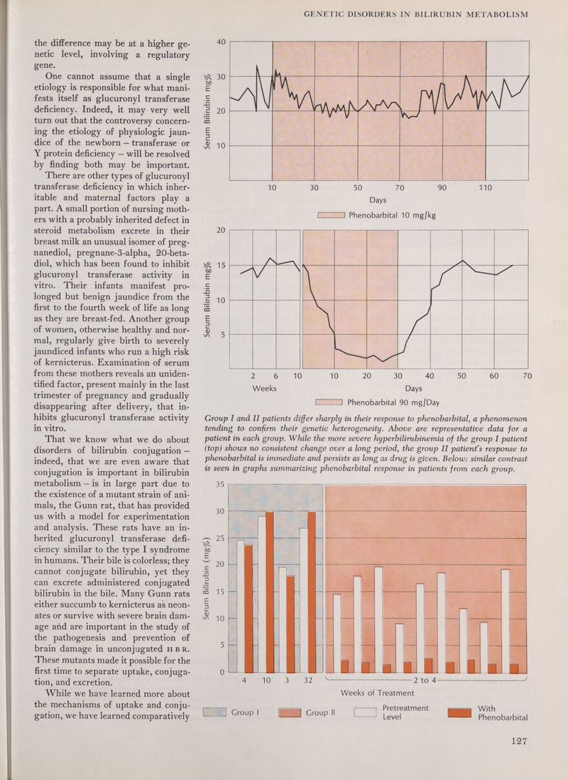 the difference may be at a higher ge¬ netic level, involving a regulatory gene. One cannot assume that a single etiology is responsible for what mani¬ fests itself as glucuronyl transferase deficiency. Indeed, it may very well turn out that the controversy concern¬ ing the etiology of physiologic jaun¬ dice of the newborn — transferase or Y protein deficiency — will be resolved by finding both may be important. There are other types of glucuronyl transferase deficiency in which inher¬ itable and maternal factors play a part. A small portion of nursing moth¬ ers with a probably inherited defect in steroid metabolism excrete in their breast milk an unusual isomer of preg- nanediol, pregnane-3-alpha, 20-beta- diol, which has been found to inhibit glucuronyl transferase activity in vitro. Their infants manifest pro¬ longed but benign jaundice from the first to the fourth week of life as long as they are breast-fed. Another group of women, otherwise healthy and nor¬ mal, regularly give birth to severely jaundiced infants who run a high risk of kernicterus. Examination of serum from these mothers reveals an uniden¬ tified factor, present mainly in the last trimester of pregnancy and gradually disappearing after delivery, that in¬ hibits glucuronyl transferase activity in vitro. That we know what we do about disorders of bilirubin conjugation — indeed, that we are even aware that conjugation is important in bilirubin metabolism — is in large part due to the existence of a mutant strain of ani¬ mals, the Gunn rat, that has provided us with a model for experimentation and analysis. These rats have an in¬ herited glucuronyl transferase defi¬ ciency similar to the type I syndrome in humans. Their bile is colorless; they cannot conjugate bilirubin, yet they can excrete administered conjugated bilirubin in the bile. Many Gunn rats either succumb to kernicterus as neon¬ ates or survive with severe brain dam¬ age and are important in the study of the pathogenesis and prevention of brain damage in unconjugated н в r. These mutants made it possible for the first time to separate uptake, conjuga¬ tion, and excretion. While we have learned more about the mechanisms of uptake and conju¬ gation, we have learned comparatively GENETIC DISORDERS IN BILIRUBIN METABOLISM 10 30 50 70 90 110 Days 3 Phénobarbital 10 mg/kg 2 6 10 10 20 30 40 50 60 70 Weeks Days I I Phénobarbital 90 mg/Day Group I and II patients differ sharply in their response to phénobarbital, a phenomenon tending to confirm their genetic heterogeneity. Above are representative data for a patient in each group. While the more severe hyperbilirubinemia of the group I patient (top) shows no consistent change over a long period, the group II patient's response to phénobarbital is immediate and persists as long as drug is given. Below: similar contrast is seen in graphs summarizing phénobarbital response in patients from each group. 127