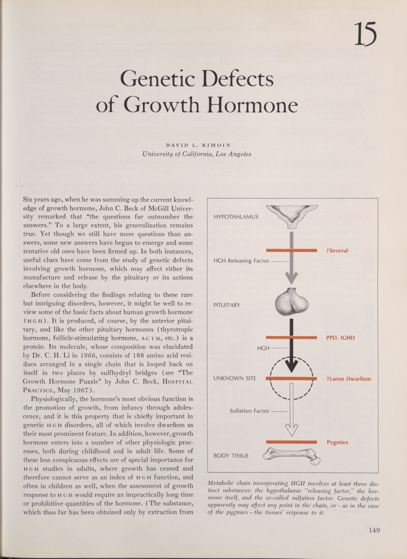 15 Genetic Defects of Growth Hormone david l. rimoin University of California, Los Angeles Six years ago, when he was summing up the current knowl¬ edge of growth hormone, John C. Beck of McGill Univer¬ sity remarked that the questions far outnumber the answers. To a large extent, his generalization remains true. Yet though we still have more questions than an¬ swers, some new answers have begun to emerge and some tentative old ones have been firmed up. In both instances, useful clues have come from the study of genetic defects involving growth hormone, which may affect either its manufacture and release by the pituitary or its actions elsewhere in the body. Before considering the findings relating to these rare but intriguing disorders, however, it might be well to re¬ view some of the basic facts about human growth hormone ( h g h ). It is produced, of course, by the anterior pitui¬ tary, and like the other pituitary hormones (thyrotropic hormone, follicle-stimulating hormone, acth, etc.) is a protein. Its molecule, whose composition was elucidated by Dr. C. H. Li in 1966, consists of 188 amino acid resi¬ dues arranged in a single chain that is looped back on itself in two places by sulfhydryl bridges (see The Growth Hormone Puzzle by John C. Beck, Hospital Practice, May 1967). Physiologically, the hormone's most obvious function is the promotion of growth, from infancy through adoles¬ cence, and it is this property that is chiefly important in genetic h g h disorders, all of which involve dwarfism as their most prominent feature. In addition, however, growth hormone enters into a number of other physiologic proc¬ esses, both during childhood and in adult life. Some of these less conspicuous efl^ects are of special importance for h g h studies in adults, where growth has ceased and therefore cannot serve as an index of н g н function, and often in children as well, when the assessment of growth response to н g н would require an impractically long time or prohibitive quantities of the hormone. (The substance, which thus far has been obtained only by extraction from Metabolic chain incorporating HGH involves at least three dis¬ tinct substances: the hypothalamic releasing factor, the hor¬ mone itself, and the so-called sulfation factor. Genetic defects apparently may affect any point in the chain, or - as in the case of the pygmies - the tissues' response to it. 149