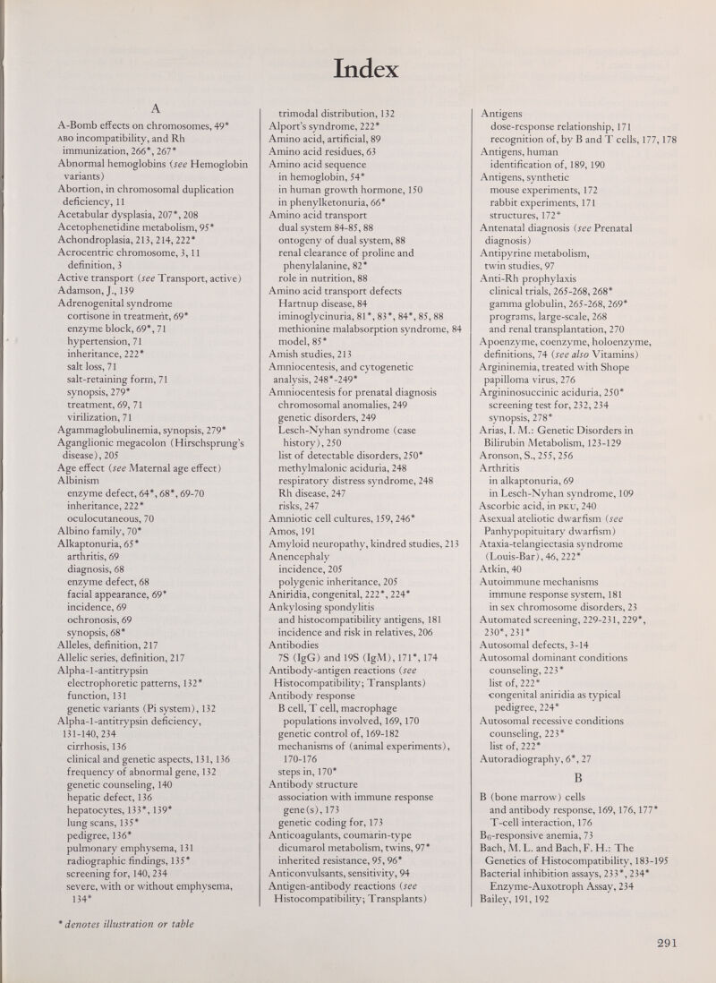 Index A A-Bomb effects on chromosomes, 49* abo incompatibility, and Rh immunization, 266*, 267* Abnormal hemoglobins isee Hemoglobin variants) Abortion, in chromosomal duplication deficiency, 11 Acetabular dysplasia, 207*, 208 Acetophenetidine metabolism, 95* Achondroplasia, 213, 214, 222* Acrocentric chromosome, 3,11 definition, 3 Active transport (see Transport, active) Adamson, J., 139 Adrenogenital syndrome cortisone in treatment, 69* enzyme block, 69*, 71 hypertension, 71 inheritance, 222* salt loss, 71 salt-retaining form, 71 synopsis, 279* treatment, 69, 71 virilization, 71 Agammaglobulinemia, synopsis, 279* Aganglionic megacolon (Hirschsprung's disease), 205 Age effect (see Maternal age effect) Albinism enzyme defect, 64*, 68*, 69-70 inheritance, 222* oculocutaneous, 70 Albino family, 70* Alkaptonuria, 65* arthritis, 69 diagnosis, 68 enzyme defect, 68 facial appearance, 69* incidence, 69 ochronosis, 69 synopsis, 68* Alleles, definition, 217 Allelic series, definition, 217 Alpha-l-antitrypsin electrophoretic patterns, 132* function, 131 genetic variants (Pi system), 132 Alpha-l-antitrypsin deficiency, 131-140, 234 cirrhosis, 136 clinical and genetic aspects, 131, 136 frequency of abnormal gene, 132 genetic counseling, 140 hepatic defect, 136 hepatocytes, 133*, 139* lung scans, 135* pedigree, 136* pulmonary emphysema, 131 radiographic findings, 135* screening for, 140, 234 severe, with or without emphysema, 134* * denotes illustration or table trimodal distribution, 132 Alport's syndrome, 222* Amino acid, artificial, 89 Amino acid residues, 63 Amino acid sequence in hemoglobin, 54* in human growth hormone, 150 in phenylketonuria, 66* Amino acid transport dual system 84-85, 88 ontogeny of dual system, 88 renal clearance of proline and phenylalanine, 82* role in nutrition, 88 Amino acid transport defects Hartnup disease, 84 iminoglycinuria, 81*, 83*, 84*, 85, 88 methionine malabsorption syndrome, 84 model, 85* Amish studies, 213 Amniocentesis, and cytogenetic analysis, 248 *-249* Amniocentesis for prenatal diagnosis chromosomal anomalies, 249 genetic disorders, 249 Lesch-Nyhan syndrome (case history), 250 list of detectable disorders, 250* methylmalonic aciduria, 248 respiratory distress syndrome, 248 Rh disease, 247 risks, 247 Amniotic cell cultures, 159, 246* Amos, 191 Amyloid neuropathy, kindred studies, 213 Anencephaly incidence, 205 polygenic inheritance, 205 Aniridia, congenital, 222*, 224* Ankylosing spondylitis and histocompatibility antigens, 181 incidence and risk in relatives, 206 Antibodies 7S (IgG) and 19S (IgM), 171*, 174 Antibody-antigen reactions (see Histocompatibility; Transplants) Antibody response В cell, T cell, macrophage populations involved, 169,170 genetic control of, 169-182 mechanisms of (animal experiments), 170-176 steps in, 170* Antibody structure association with immune response gene(s), 173 genetic coding for, 173 Anticoagulants, coumàrin-type dicumarol metabolism, twins, 97* inherited resistance, 95, 96* Anticonvulsants, sensitivity, 94 Antigen-antibody reactions (see Histocompatibility; Transplants) Antigens dose-response relationship, 171 recognition of, by В and T cells, 177,178 Antigens, human identification of, 189, 190 Antigens, synthetic mouse experiments, 172 rabbit experiments, 171 structures, 172* Antenatal diagnosis (see Prenatal diagnosis) Antipyrine metabolism, twin studies, 97 Anti-Rh prophylaxis clinical trials, 265-268, 268* gamma globulin, 265-268, 269* programs, large-scale, 268 and renal transplantation, 270 Apoenzyme, coenzyme, holoenzyme, definitions, 74 (see also Vitamins) Argininemia, treated with Shope papilloma virus, 276 Argininosuccinic aciduria, 250* screening test for, 232, 234 synopsis, 278* Arias, I. M.: Genetic Disorders in Bilirubin Metabolism, 123-129 Aronson, S., 255, 256 Arthritis in alkaptonuria, 69 in Lesch-Nyhan syndrome, 109 Ascorbic acid, in pku, 240 Asexual ateliotic dwarfism (see Panhypopituitary dwarfism) Ataxia-telangiectasia syndrome (Louis-Bar), 46, 222* Atkin, 40 Autoimmune mechanisms immune response system, 181 in sex chromosome disorders, 23 Automated screening, 229-231, 229*, 230*,231* Autosomal defects, 3-14 Autosomal dominant conditions counseling, 223* list of, 222* congenital aniridia as typical pedigree, 224* Autosomal recessive conditions counseling, 223* list of, 222* Autoradiography, 6*, 27 В в (bone marrow) cells and antibody response, 169, 176,177* T-cell interaction, 176 Bo-responsive anemia, 73 Bach, M. L. and Bach, F. H.: The Genetics of Histocompatibility, 183-195 Bacterial inhibition assays, 233*, 234* Enzyme-Auxotroph Assay, 234 Bailey, 191, 192 291