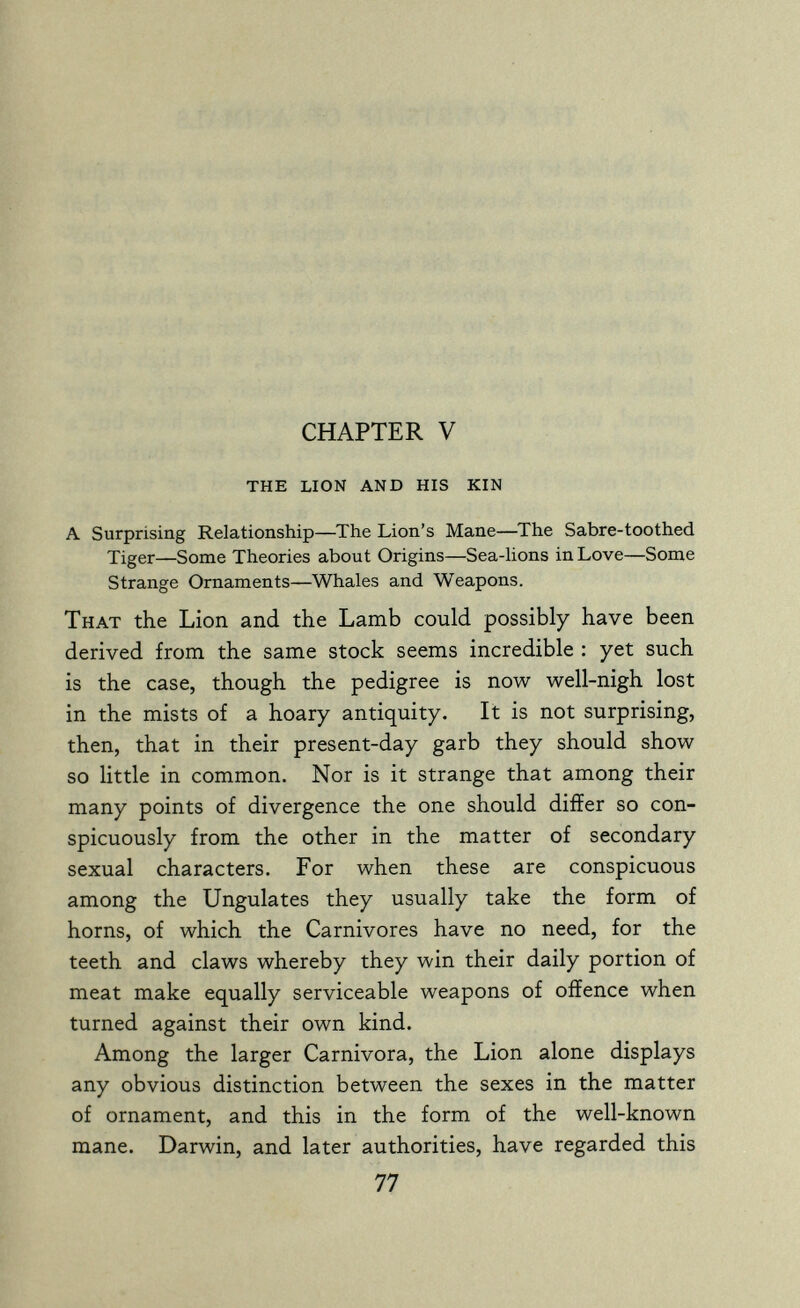 CHAPTER V the lion and his kin A Surprising Relationship—The Lion's Mane—The Sabre-toothed Tiger—Some Theories about Origins—Sea-lions in Love—Some Strange Ornaments—Whales and Weapons. That the Lion and the Lamb could possibly have been derived from the same stock seems incredible : yet such is the case, though the pedigree is now well-nigh lost in the mists of a hoary antiquity. It is not surprising, then, that in their present-day garb they should show so little in common. Nor is it strange that among their many points of divergence the one should differ so con¬ spicuously from the other in the matter of secondary sexual characters. For when these are conspicuous among the Ungulates they usually take the form of horns, of which the Carnivores have no need, for the teeth and claws whereby they win their daily portion of meat make equally serviceable weapons of offence when turned against their own kind. Among the larger Carnivora, the Lion alone displays any obvious distinction between the sexes in the matter of ornament, and this in the form of the well-known mane. Darwin, and later authorities, have regarded this 77