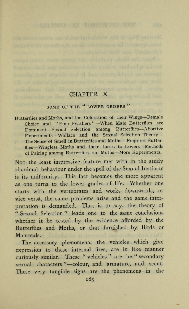/ , ¡ CHAPTER X some of the  lower orders  Butterflies and Moths, and the Coloration of their Wings—Female Choice and Fine Feathers—When Male Butterflies are Dominant—Sexual Selection among Butterflies—Abortive Experiments—Wallace and the Sexual Selection Theory— The Sense of Smell in Butterflies and Moths—Fragrant Butter¬ flies—Wingless Moths and their Lures to Lovers—Methods of Pairing among Butterflies and Moths—More Experiments. Not the least impressive feature met with in the study of animal behaviour under the spell of the Sexual Instincts is its uniformity. This fact becomes the more apparent as one turns to the lower grades of life. Whether one starts with the vertebrates and works downwards, or vice versâ, the same problems arise and the same inter¬ pretation is demanded. That is to say, the theory of  Sexual Selection  leads one to the same conclusions whether it be tested by the evidence afforded by the Butterflies and Moths, or that furnished by Birds or Mammals. The accessory phenomena, the vehicles which give expression to these internal fires, are in like manner curiously similar. These  vehicles  are the  secondary sexual characters —colour, and armature, and scent. These very tangible signs are the phenomena in the i8s